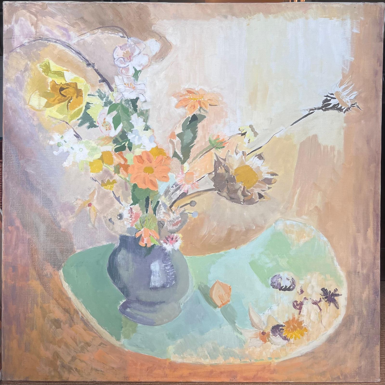Laure Noetzin Azam (French 1929 2024)large 20th Century French Modernist Oil Painting Vase Of Flowers In Interior photo furniture