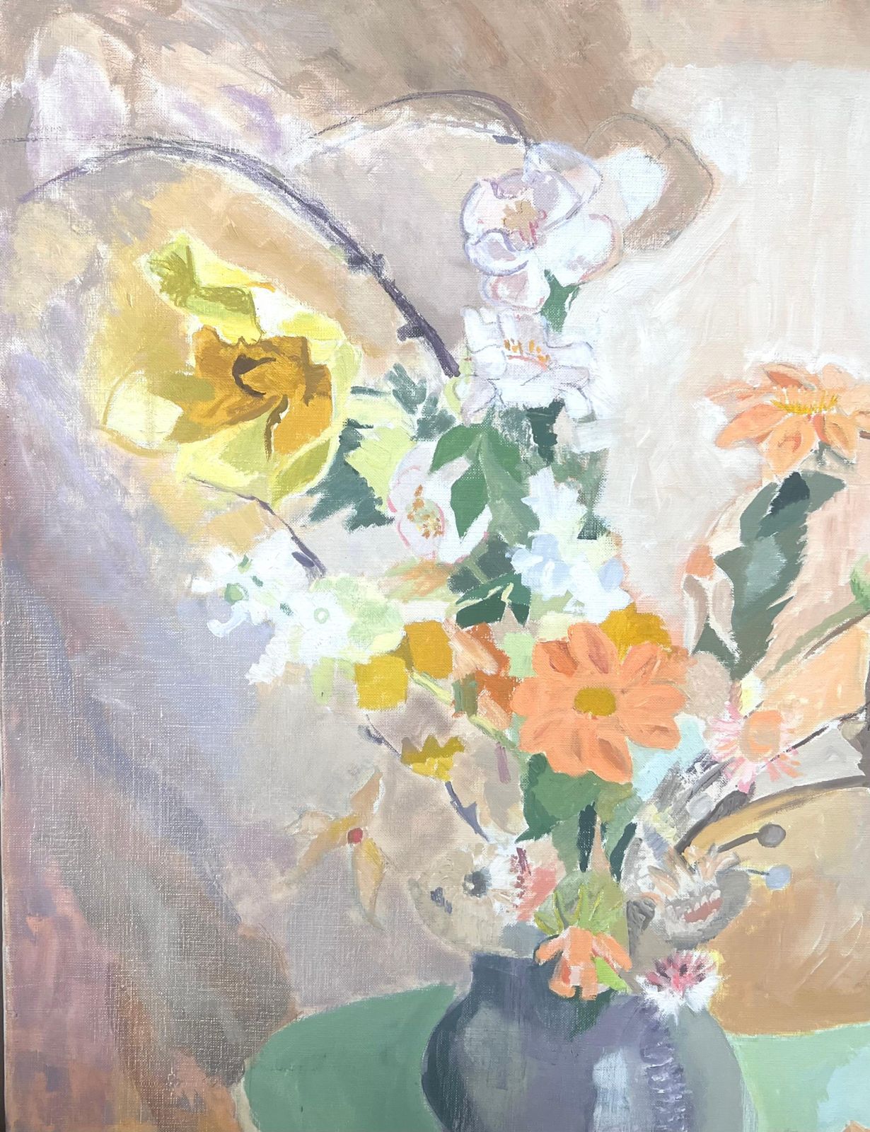 Laure Noetzin Azam (French 1929 2024)large 20th Century French Modernist Oil Painting Vase Of Flowers In Interior photo for sale