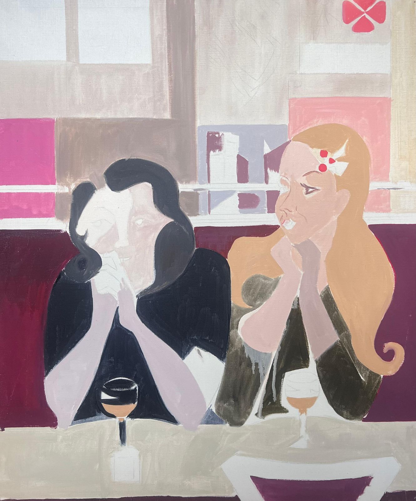 Laure Noetzin Azam (French 1929 2024)fine 20th Century French Modernist Oil Painting Girls In Bar With Drinks