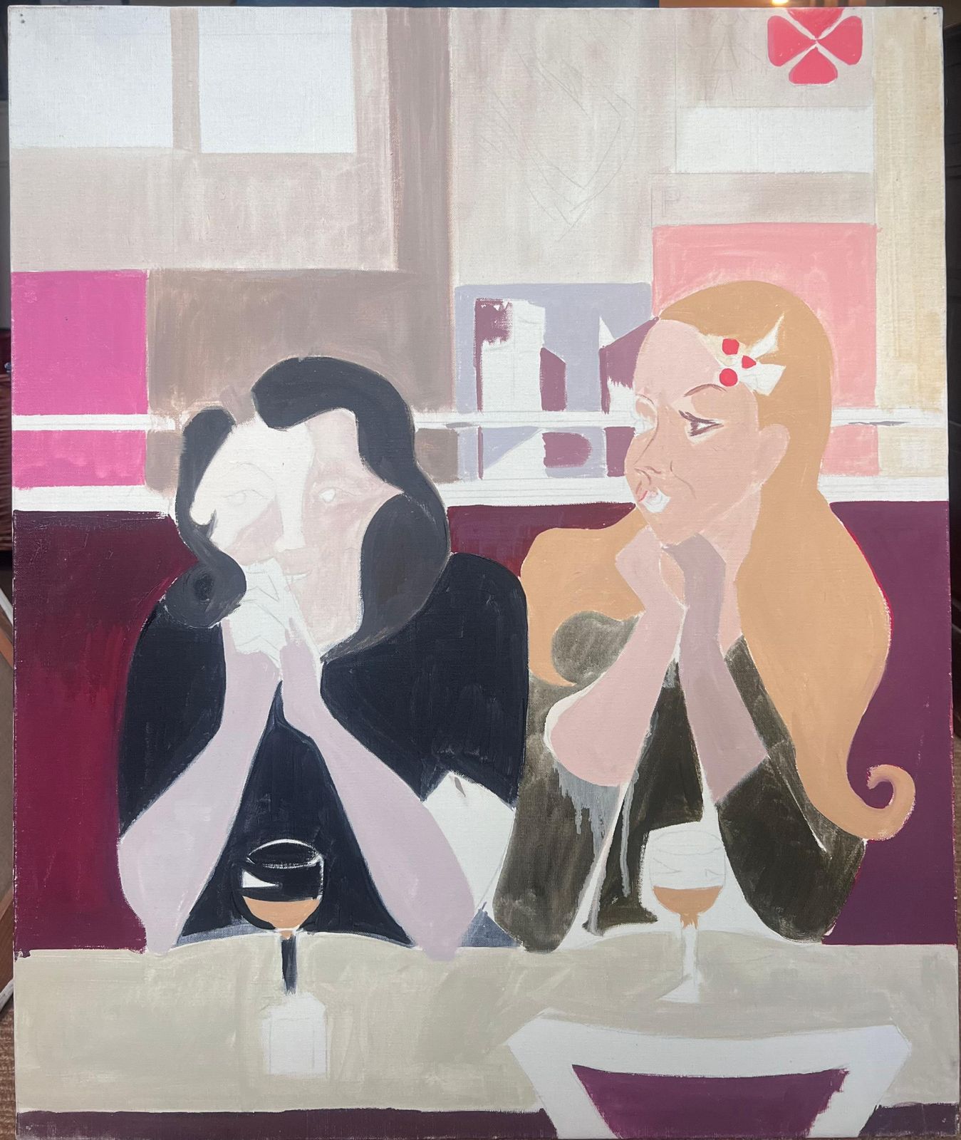Laure Noetzin Azam (French 1929 2024)fine 20th Century French Modernist Oil Painting Girls In Bar With Drinks photo furniture