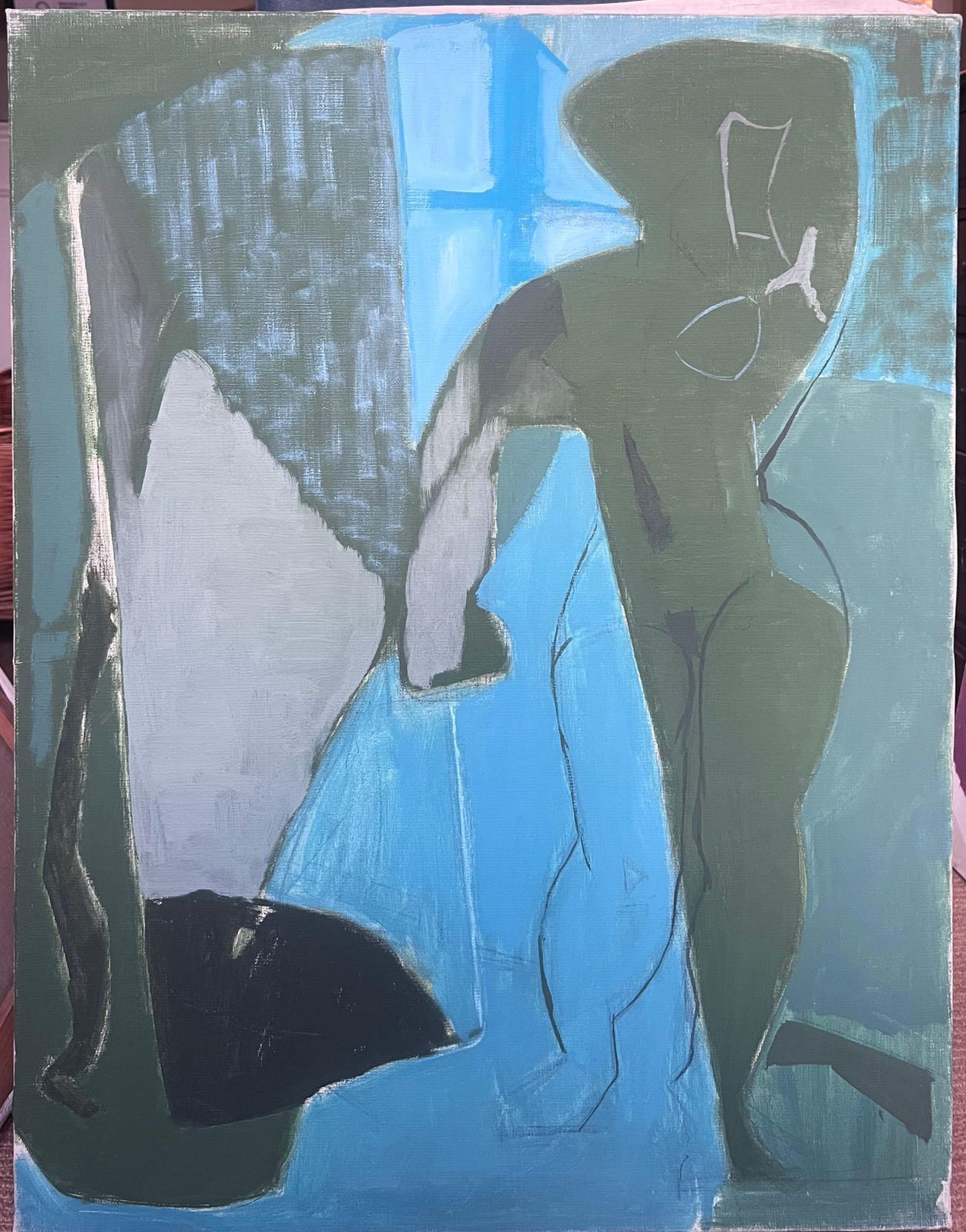 Laure Noetzin Azam (French 1929 2024)20th Century French Modernist Oil Painting Cubist Figure Grey Black And Blue photo furniture