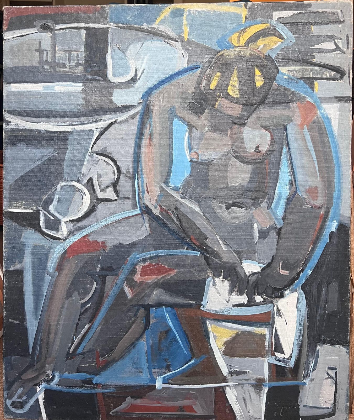Laure Noetzin Azam (French 1929 2024)mid 20th Century French Cubist Oil Painting Female Nude Grey & Blue photo furniture