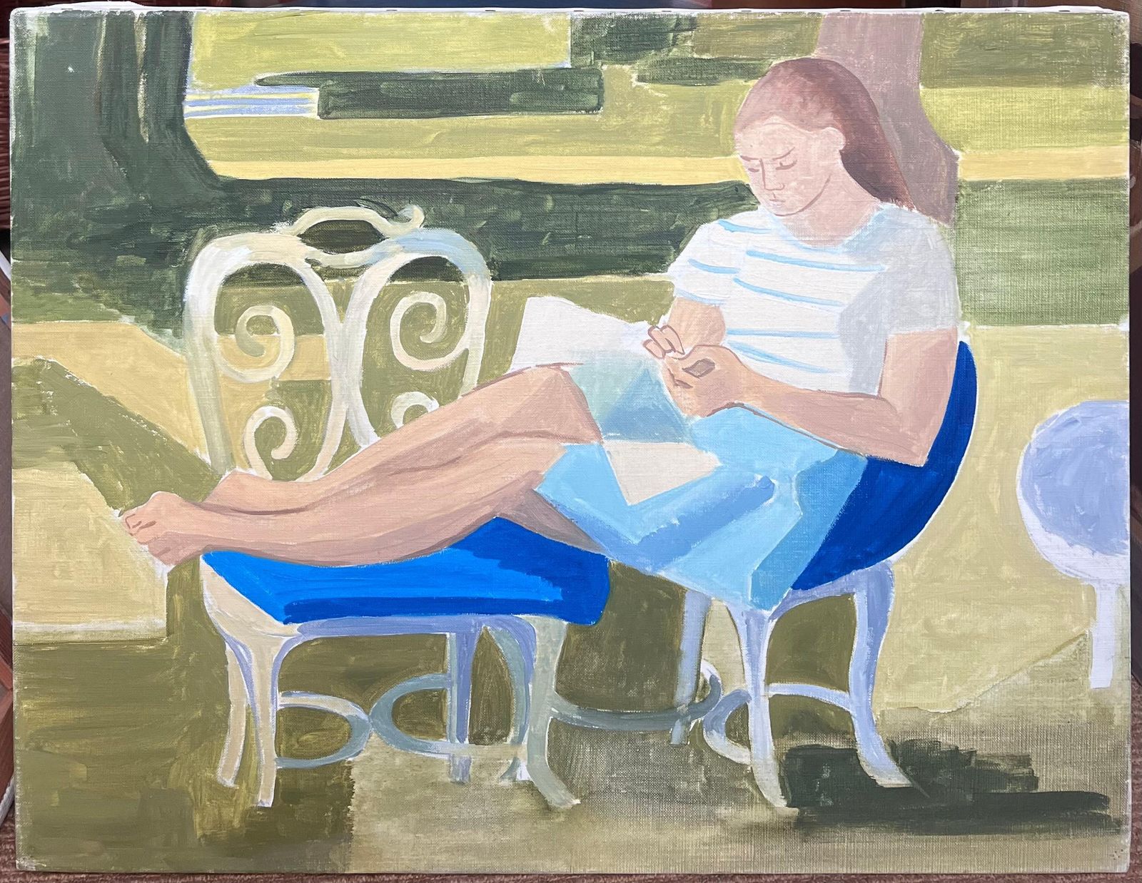 Laure Noetzin Azam (French 1929 2024)fine 20th Century French Modernist Oil Painting Young Woman Reading In Garden photo furniture
