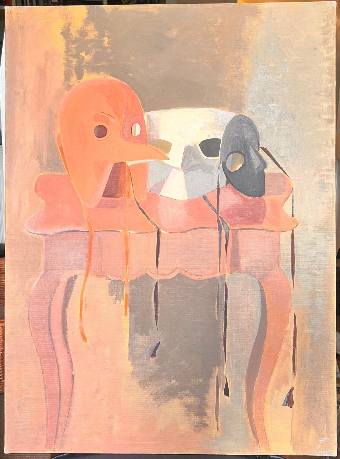 Laure Noetzin Azam (French 1929 2024)20th Century French Modernist Oil Painting Venetian Masks Still Life photo furniture