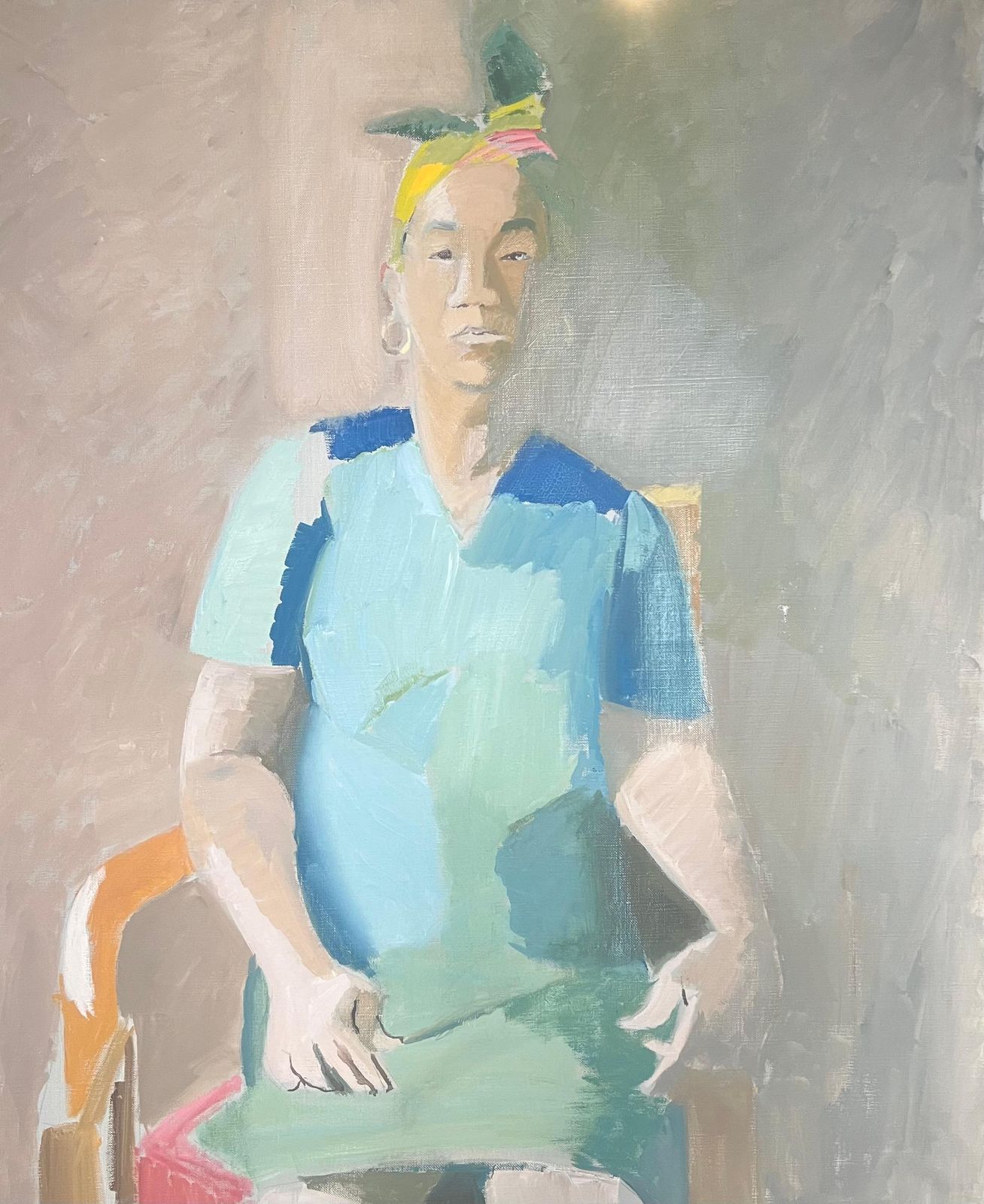 Laure Noetzin Azam (French 1929 2024)fine 20th Century French Modernist Oil Painting Portrait Woman Turquoise Dress