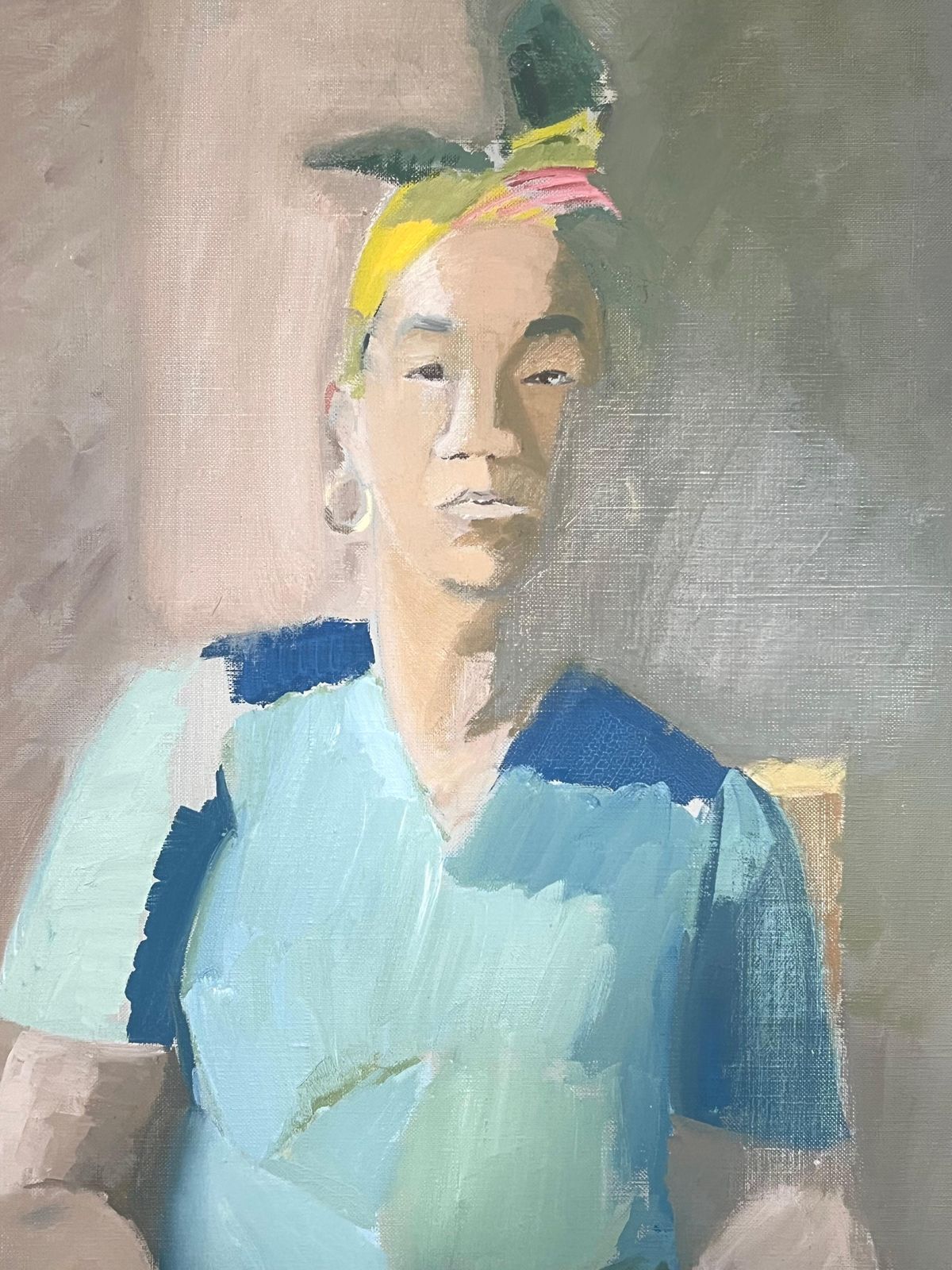 Laure Noetzin Azam (French 1929 2024)fine 20th Century French Modernist Oil Painting Portrait Woman Turquoise Dress photo for sale