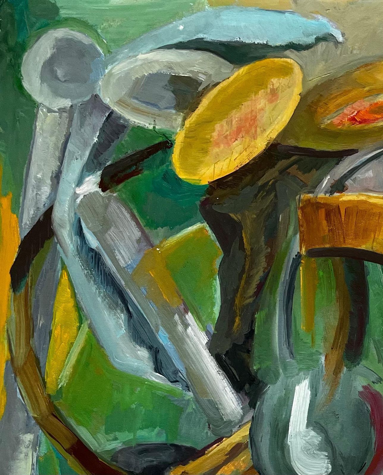 Guy Nicod Abstract Still Life With Plates Bowls And Chair French Modernist Gouache photo furniture