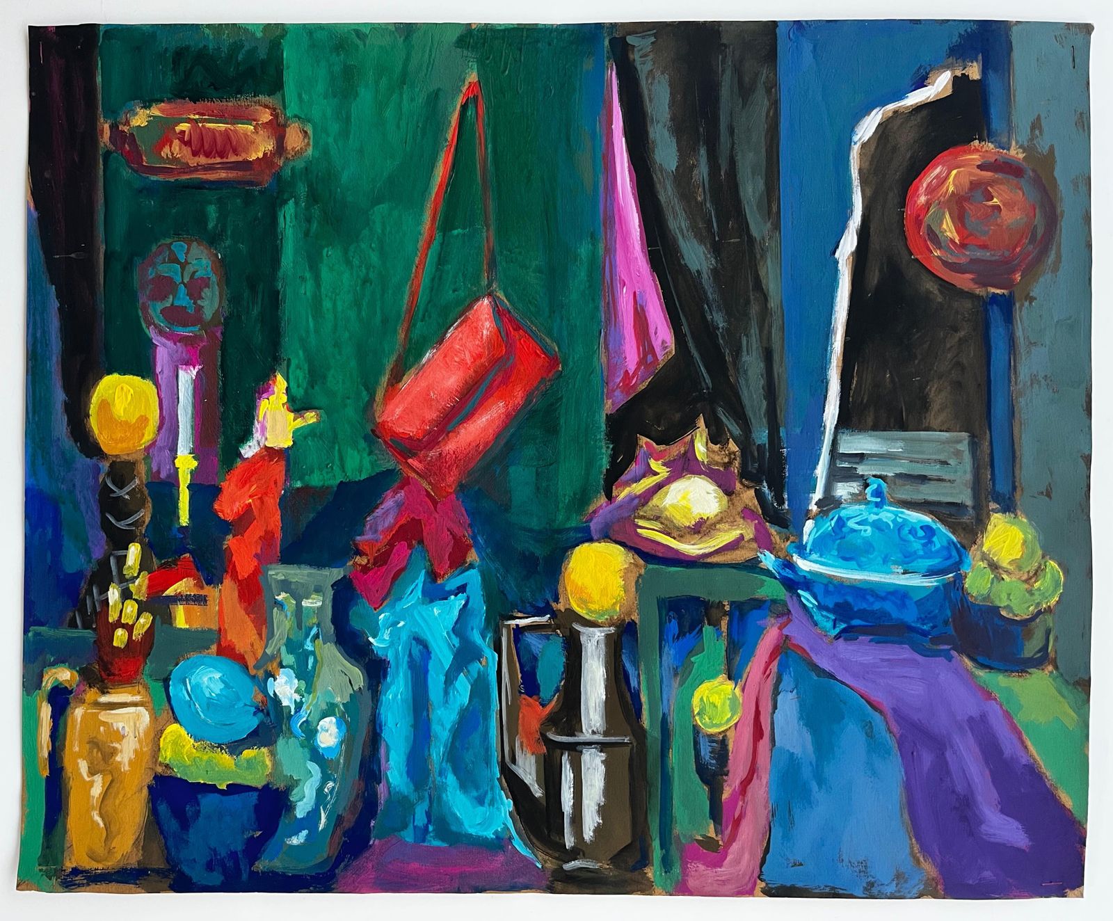 Guy Nicod Colourful Interior Still Life With Vases Bowls And Hanging Bag Modernist Gouache photo furniture
