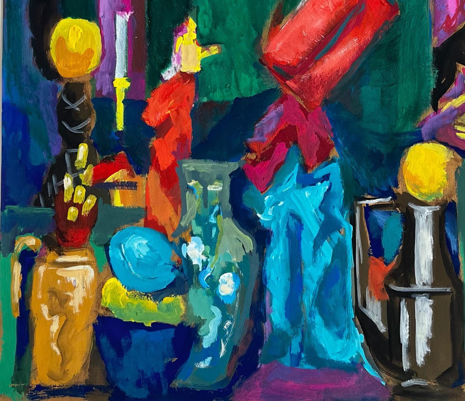 Guy Nicod Colourful Interior Still Life With Vases Bowls And Hanging Bag Modernist Gouache photo 693.0
