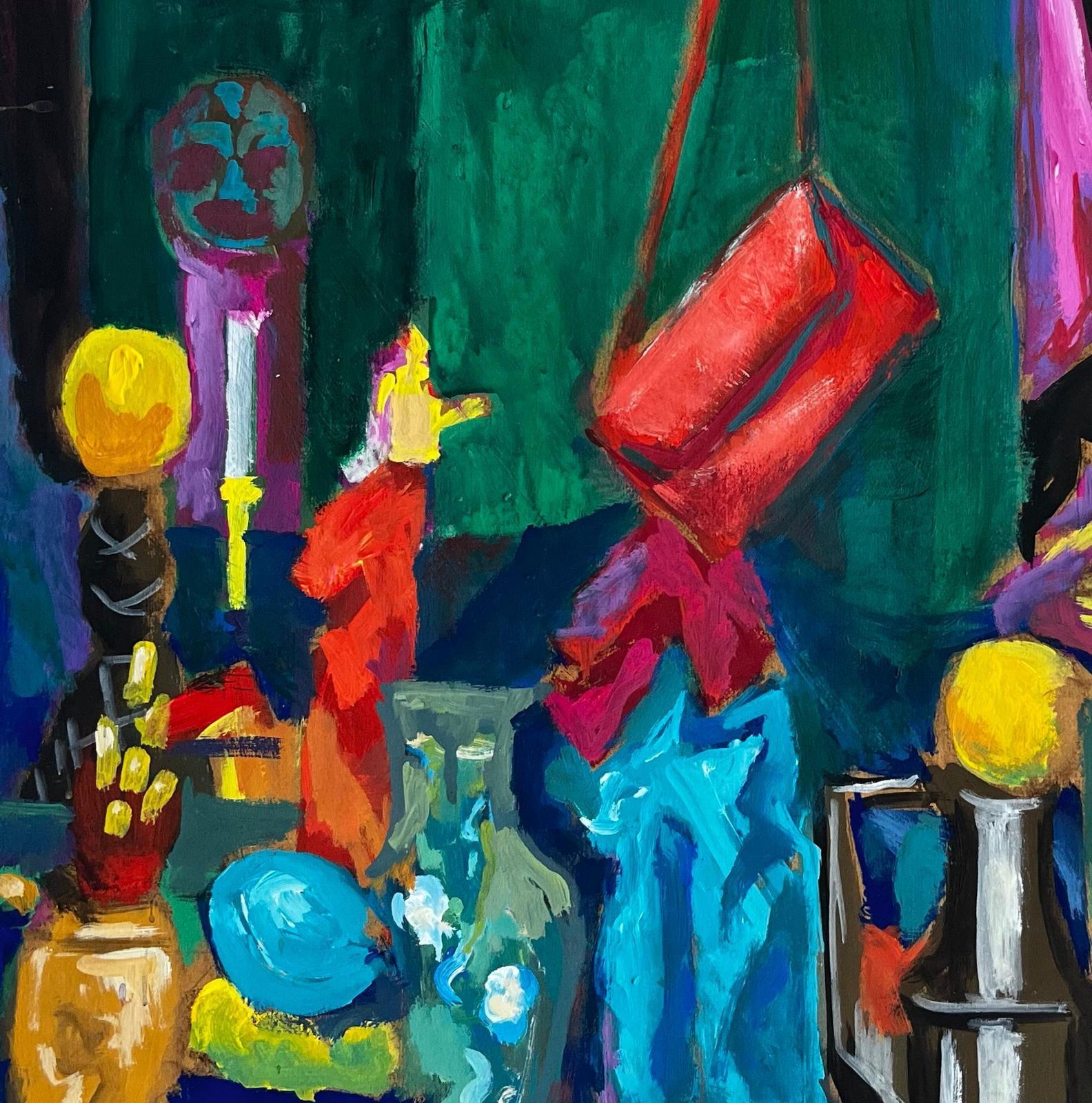 Guy Nicod Colourful Interior Still Life With Vases Bowls And Hanging Bag Modernist Gouache photo vintage