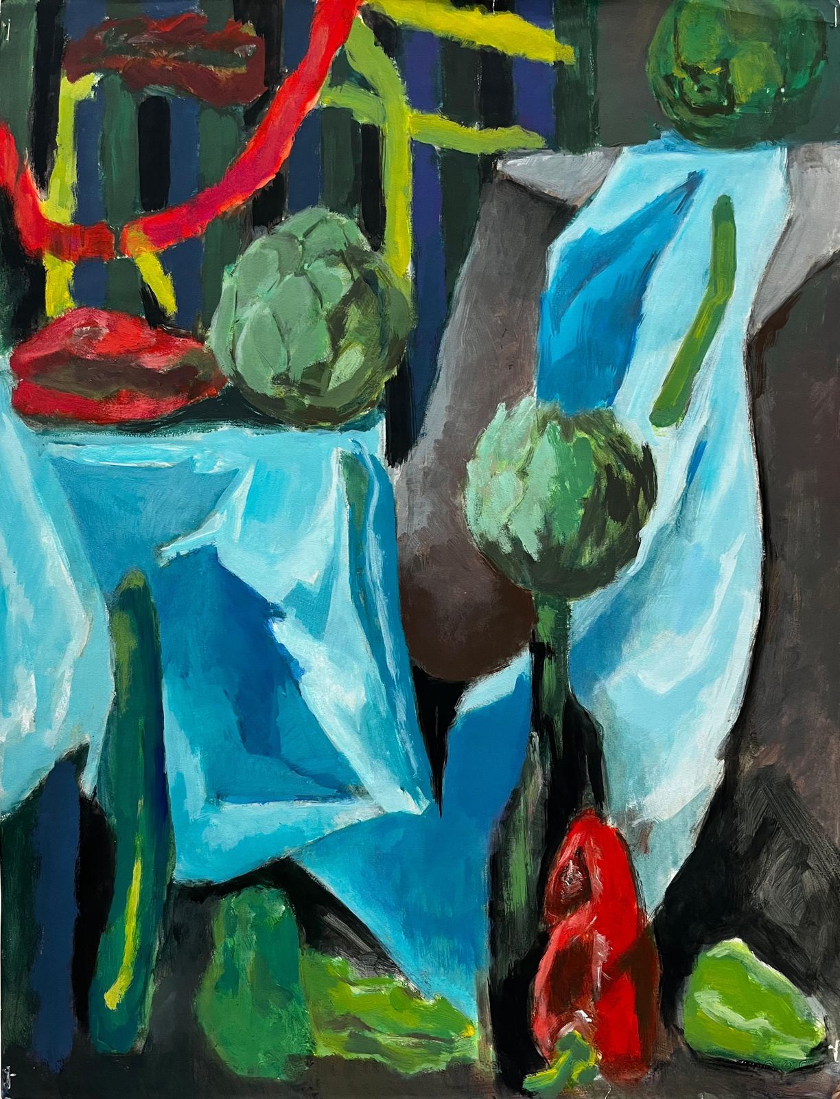Guy Nicod Artichokes Blue Drapery And Still Life Vegetables Gouache Painting