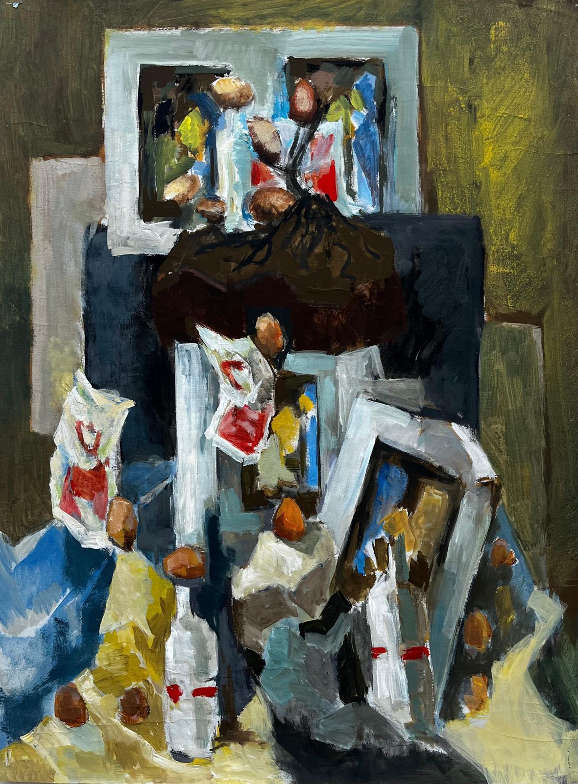 Guy Nicod Abstract Still Life With Bottles Nuts And Frames French Modernist Gouache