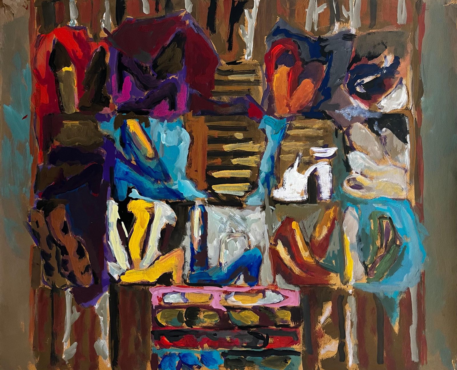 Guy Nicod Abstract Interior With Womens Shoes Colourful French Modernist Gouache Painting