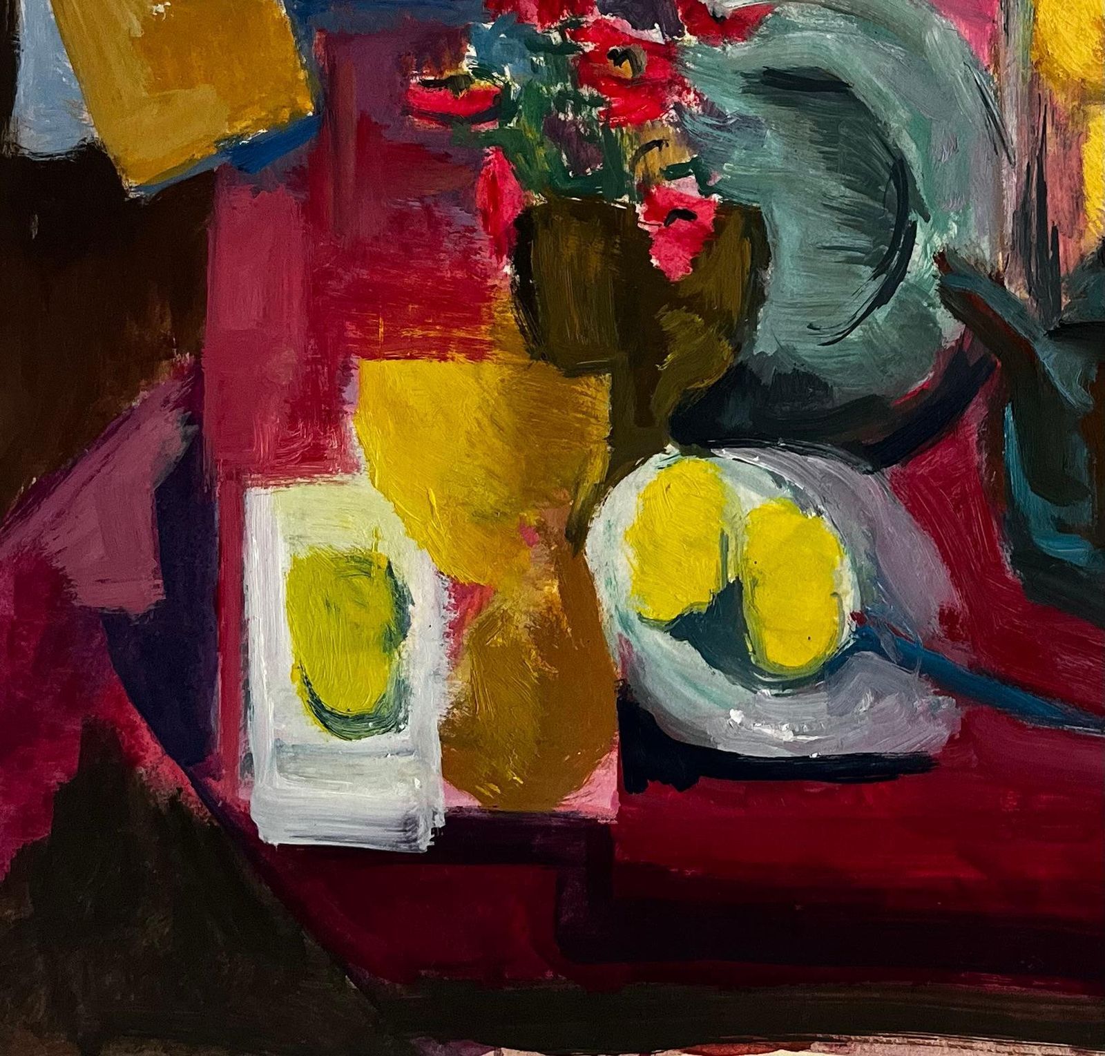 Guy Nicod Abstract Still Life With Flowers Lemons Jug Cup And Cloche Modernist Gouache photo buy