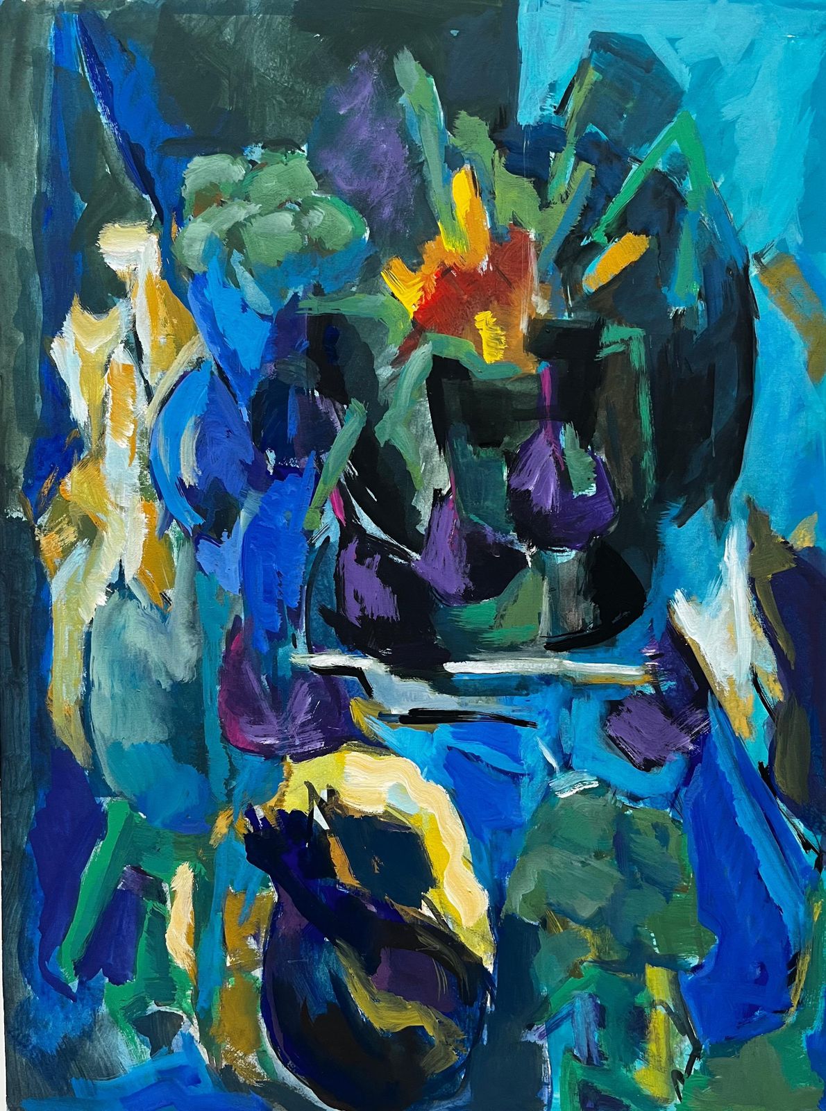 Guy Nicod Abstract Blue Floral Still Life With Vases And Purple Tulips Modernist Gouache
