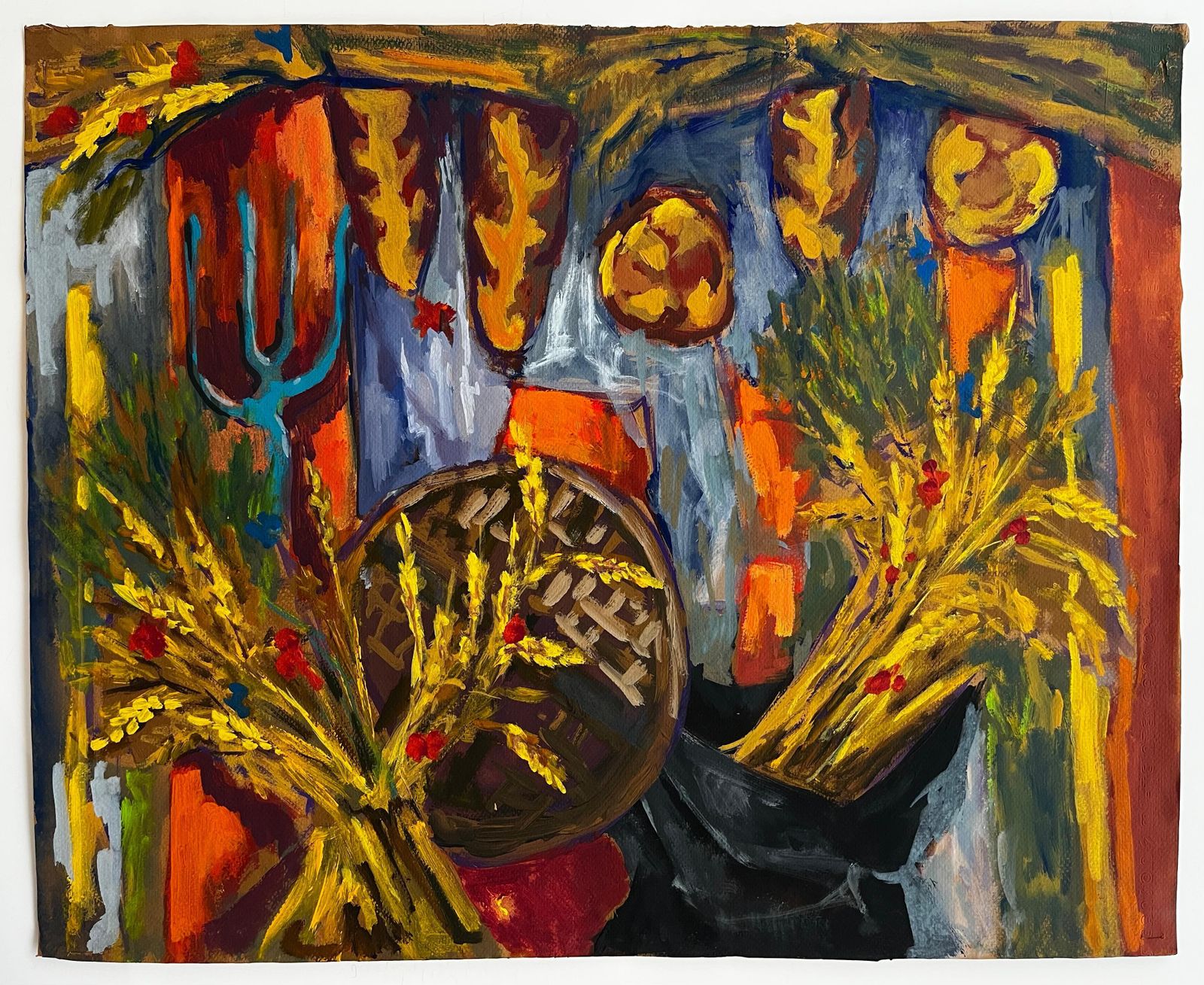 Guy Nicod Abstract Harvest Still Life With Wheat Basket And Decorative Textiles Gouache photo furniture