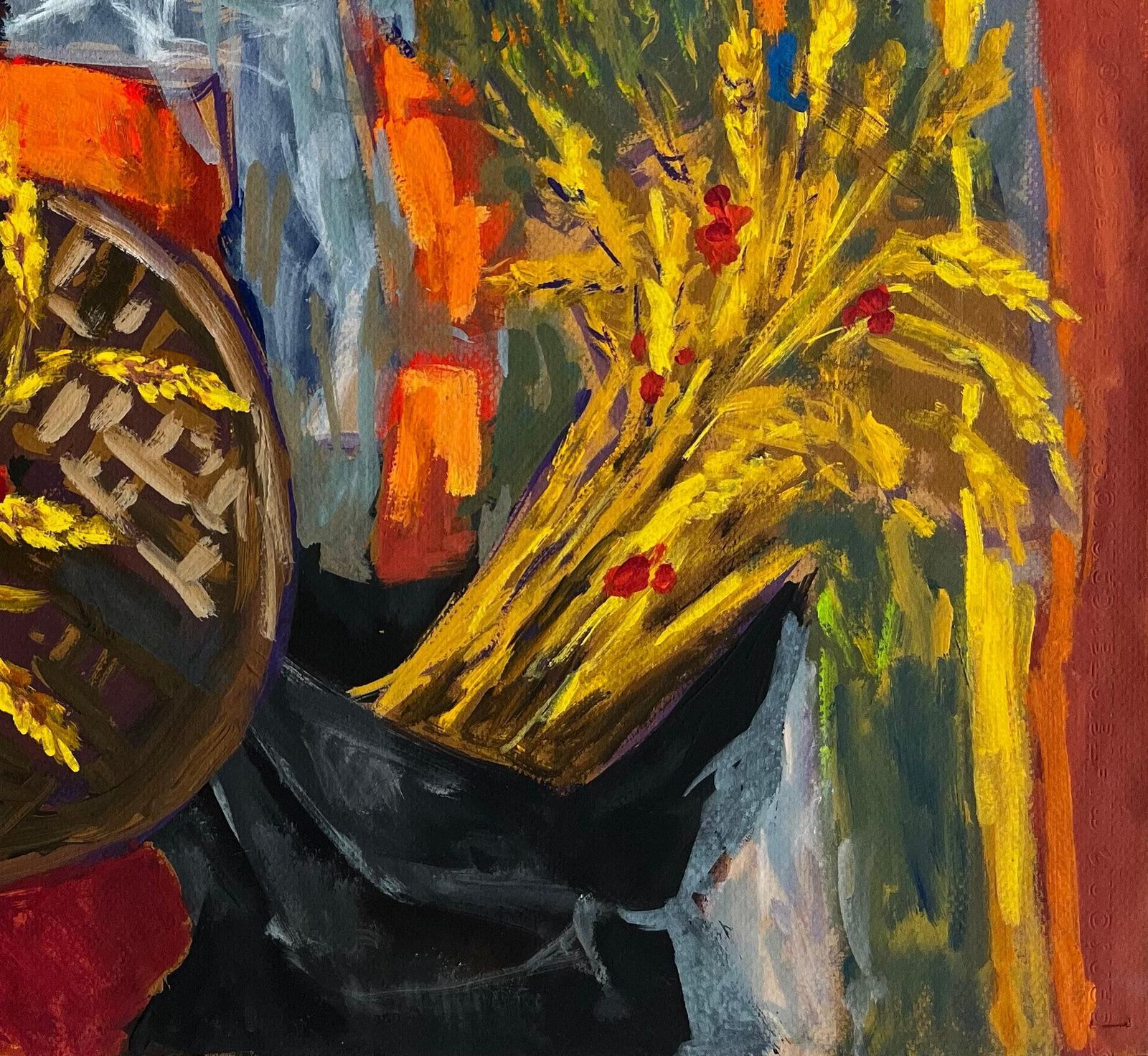 Guy Nicod Abstract Harvest Still Life With Wheat Basket And Decorative Textiles Gouache photo Art