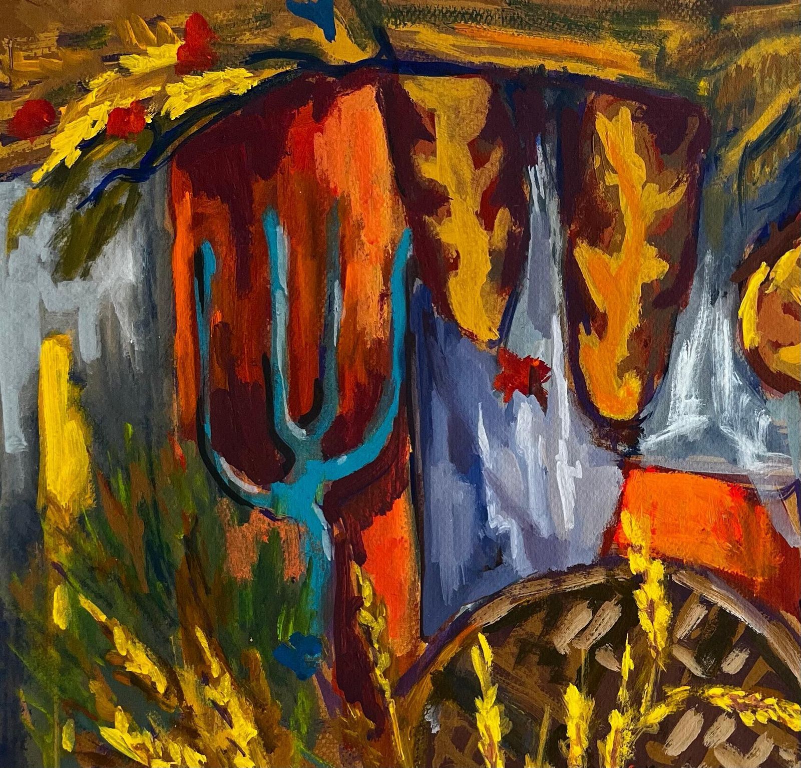 Guy Nicod Abstract Harvest Still Life With Wheat Basket And Decorative Textiles Gouache photo vinterior