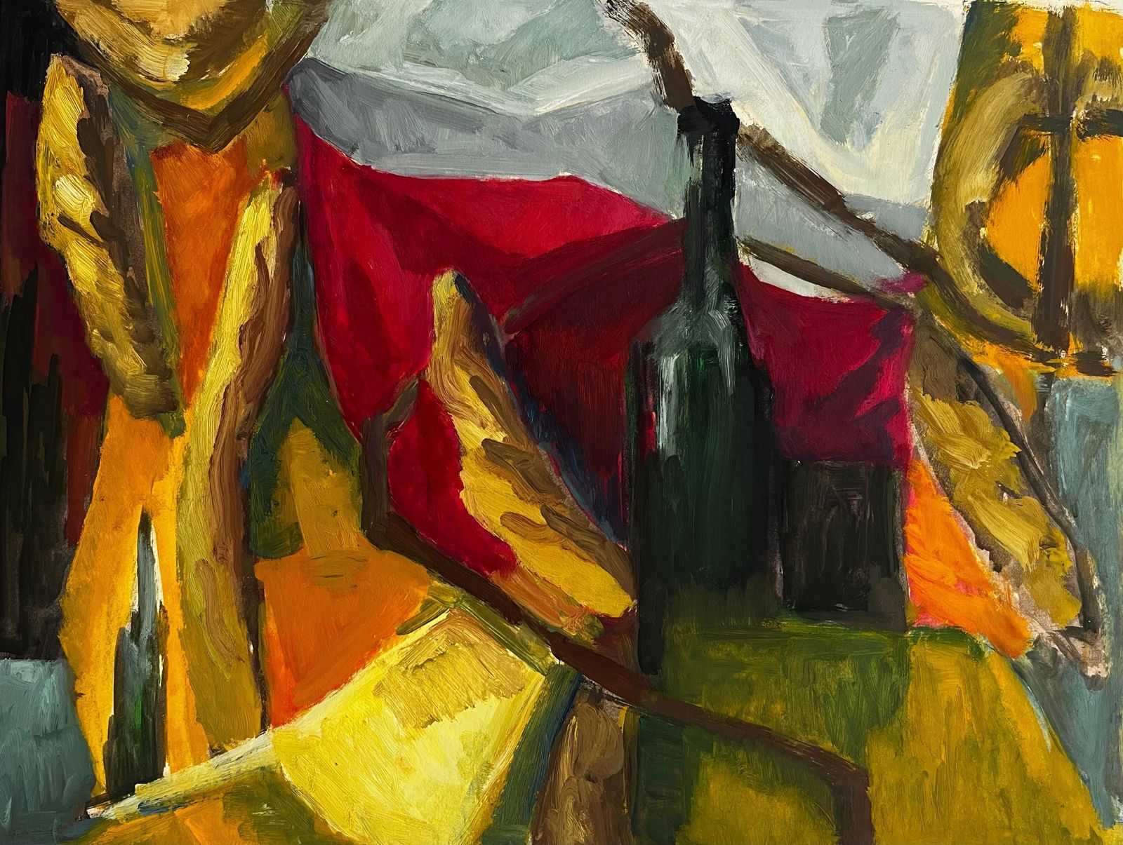 Guy Nicod Abstract Still Life With Green Bottle Draped Fabrics Fruit Forms Modernist