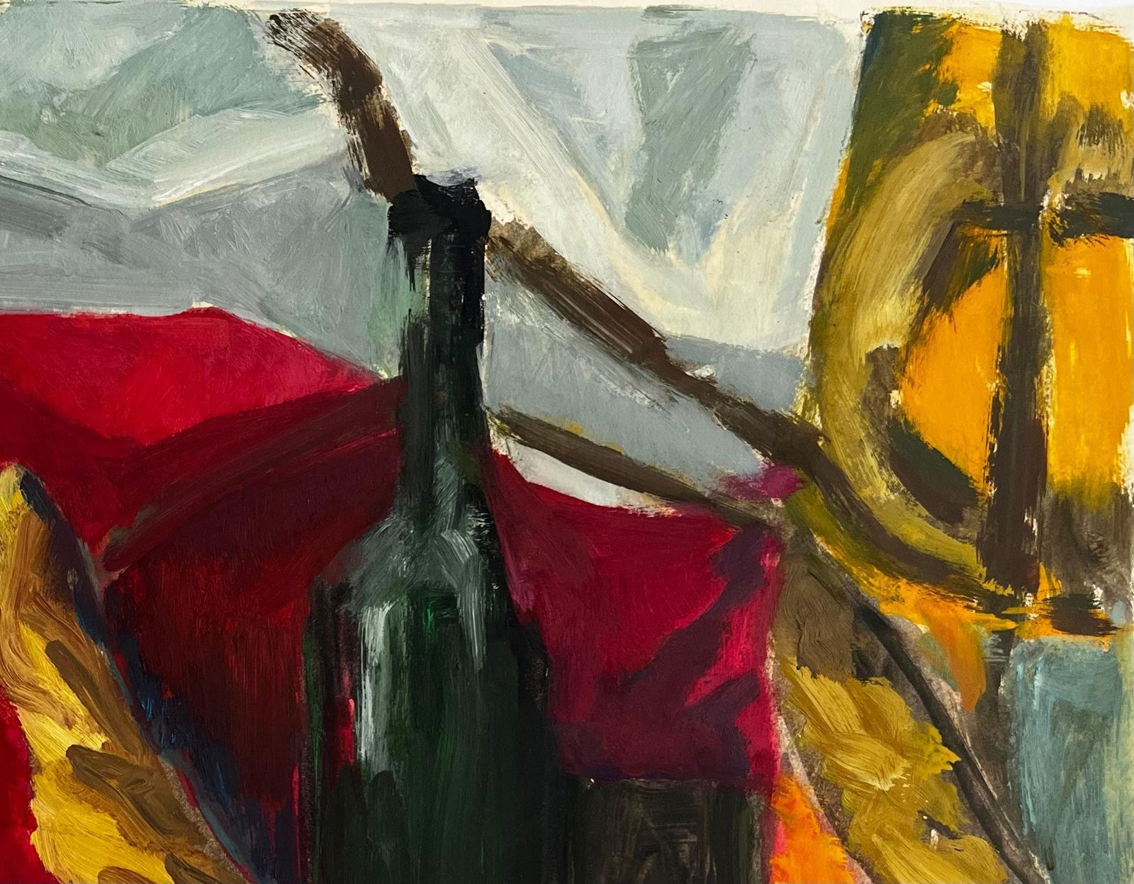 Guy Nicod Abstract Still Life With Green Bottle Draped Fabrics Fruit Forms Modernist photo for sale