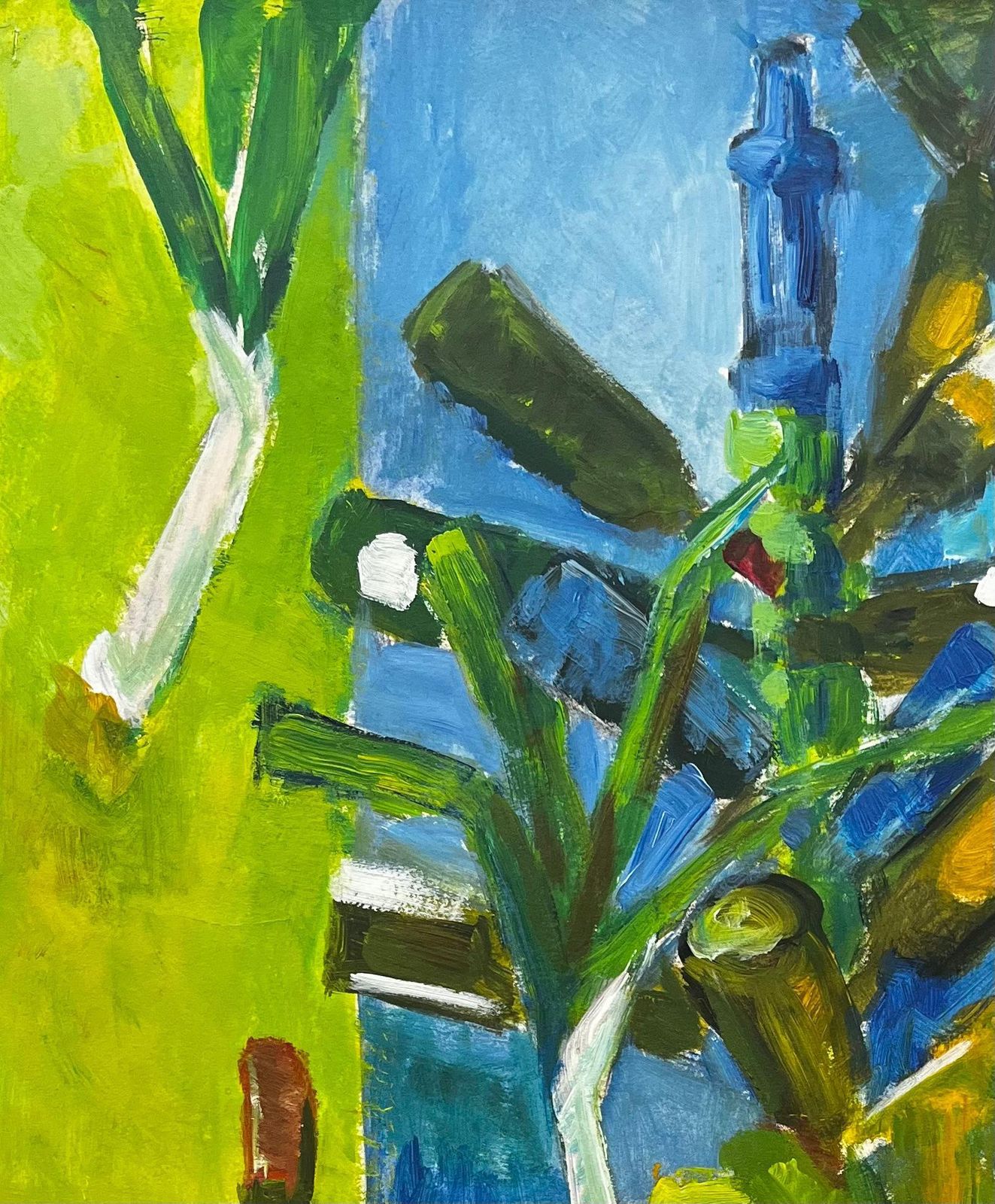 Guy Nicod Still Life With Green Bottles Leeks And Blue Interior Modernist Gouache photo for sale