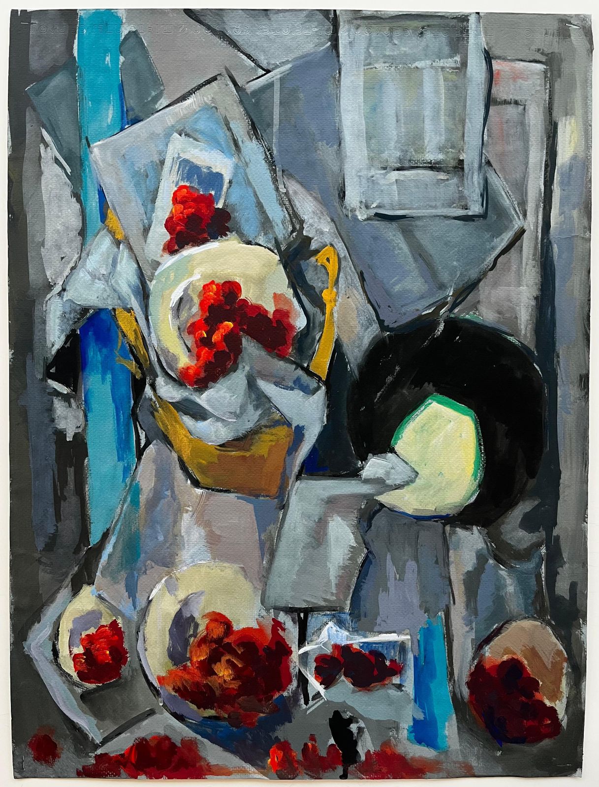 Guy Nicod Abstract Still Life With Bowls Plates Red Grapes And Jug Modernist Gouache photo furniture