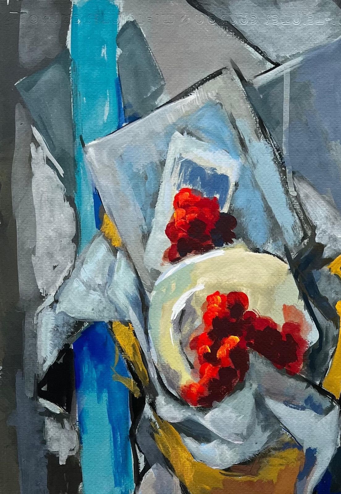 Guy Nicod Abstract Still Life With Bowls Plates Red Grapes And Jug Modernist Gouache photo 632.0