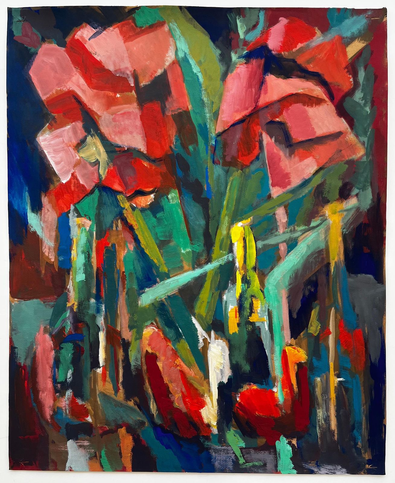 Guy Nicod Abstract Red Flowers And Bottles Still Life French Modernist Gouache photo furniture