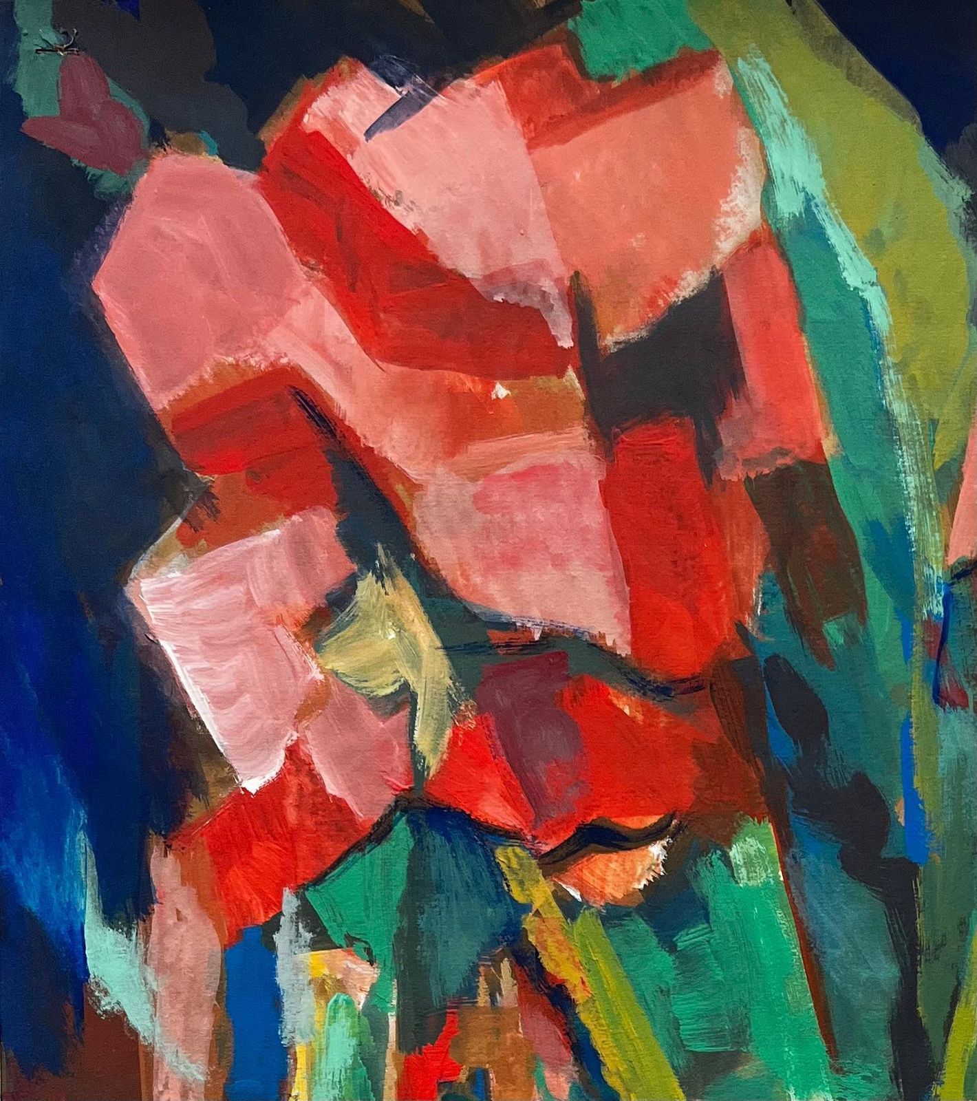 Guy Nicod Abstract Red Flowers And Bottles Still Life French Modernist Gouache photo for sale