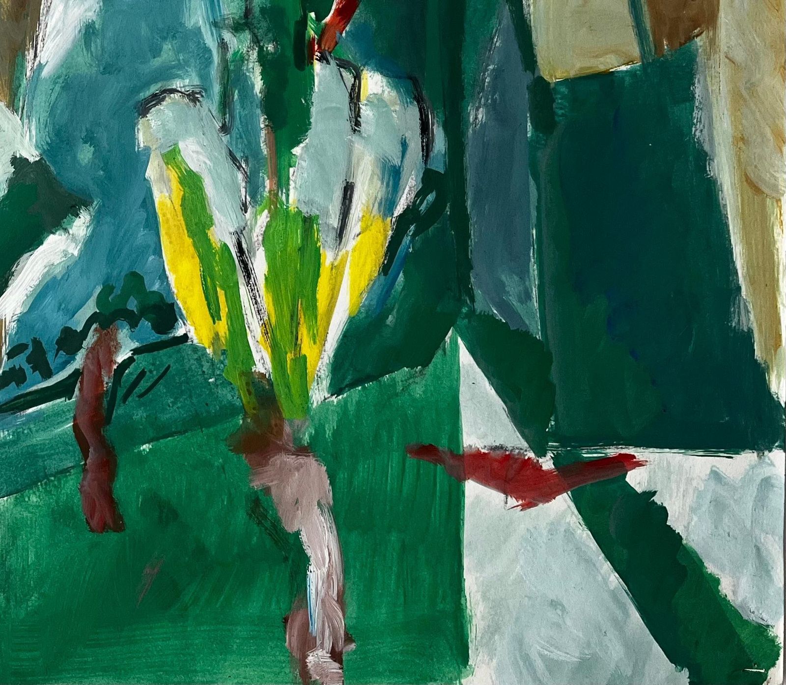 Guy Nicod Green Table Newspaper And Flower Vases Abstract Interior Modernist Still Life photo for sale