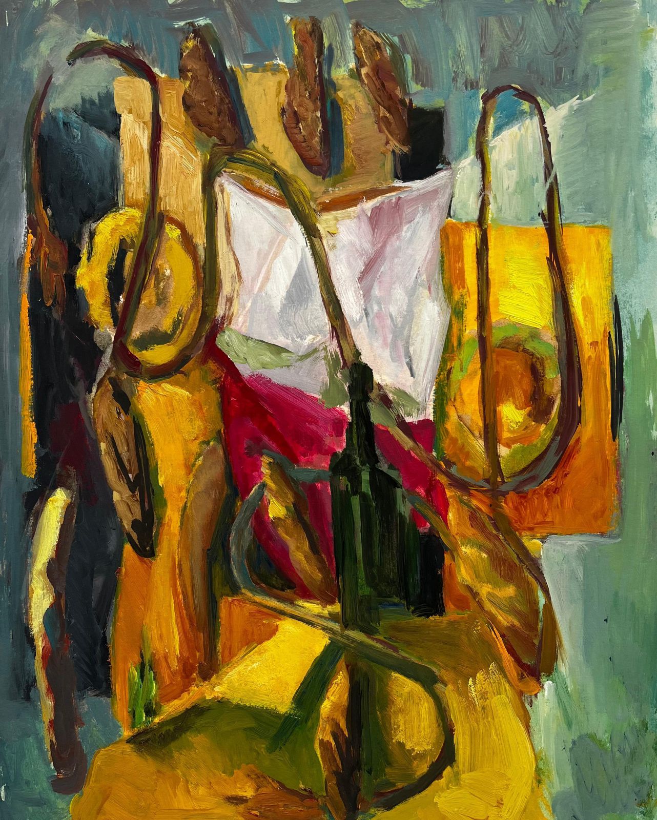 Guy Nicod Green Bottle Looping Rope Draped Fabrics And Yellow Red Forms French Modernist
