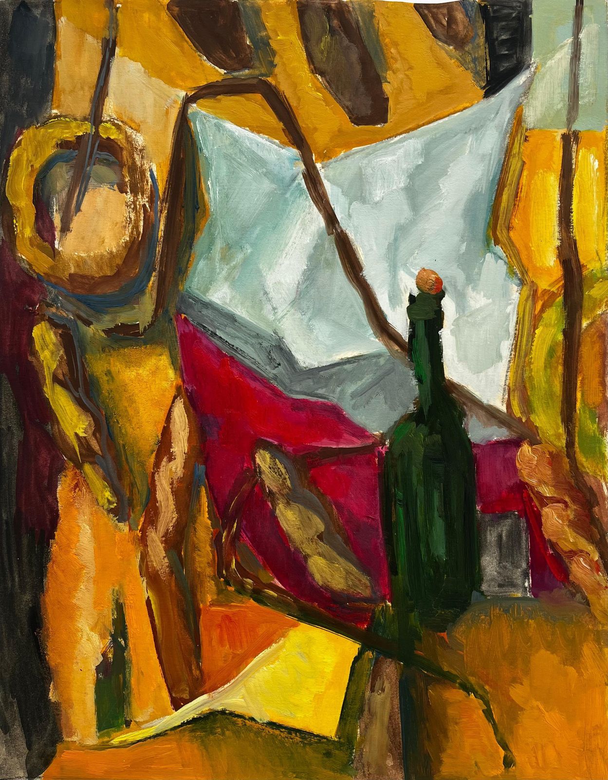 Guy Nicod, Bouteille verte, natures mortes abstraites aux drapés, couleurs vives, modernisme, art français
