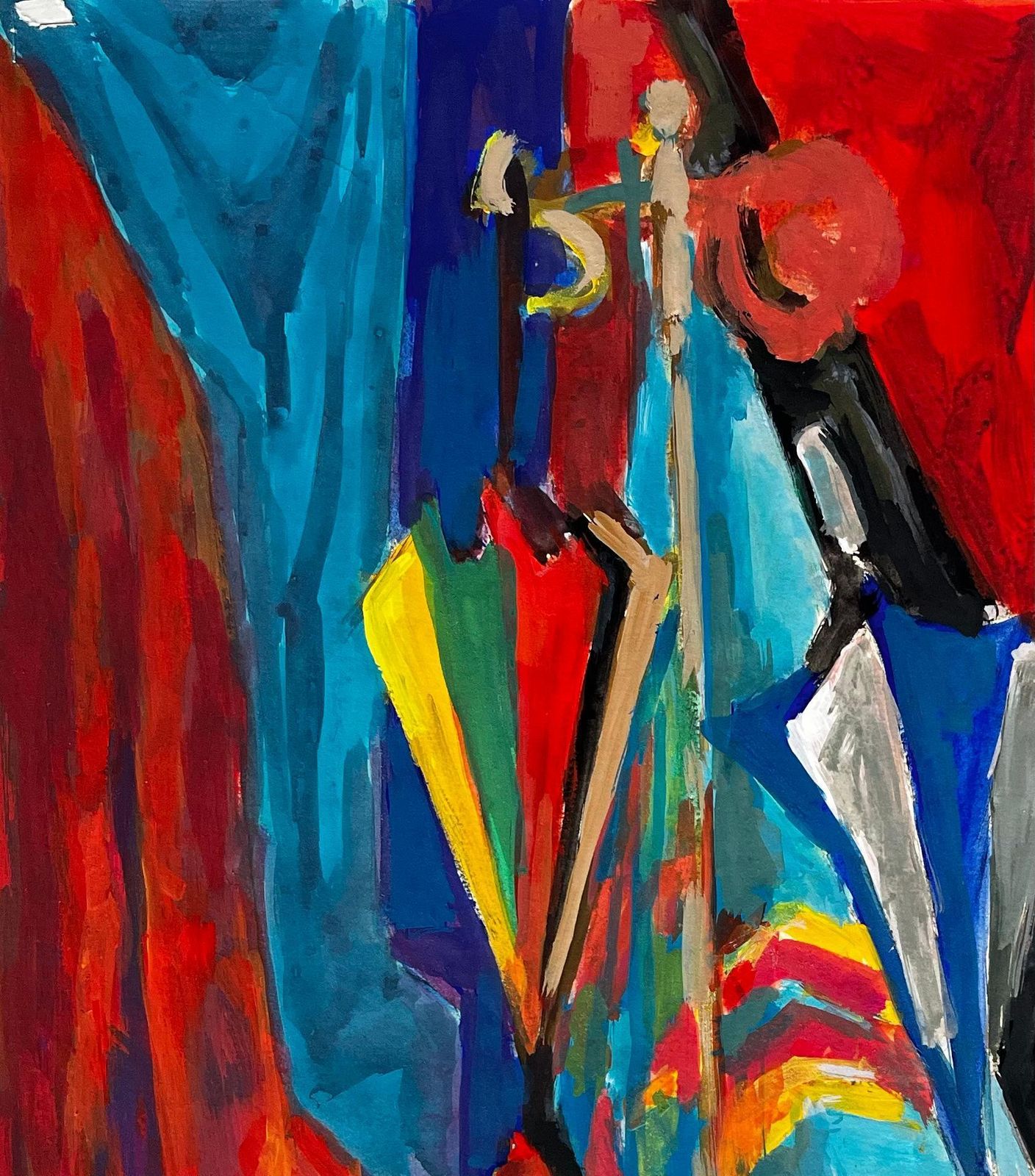Guy Nicod Hat Stand With Colourful Umbrellas Draped Fabrics And Jugs Modernist Still Life photo for sale