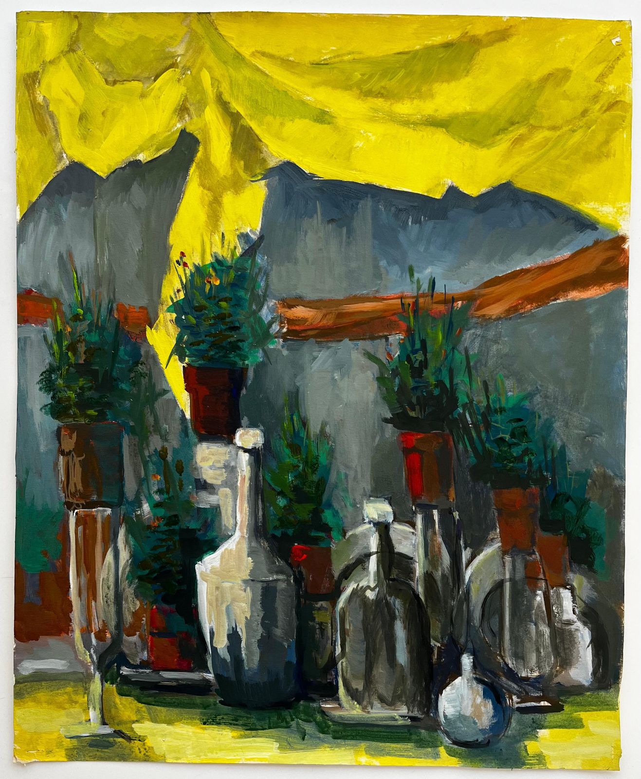 Guy Nicod Yellow Draped Cloth Grey Bottles And Potted Plants French Modernist Still Life photo furniture