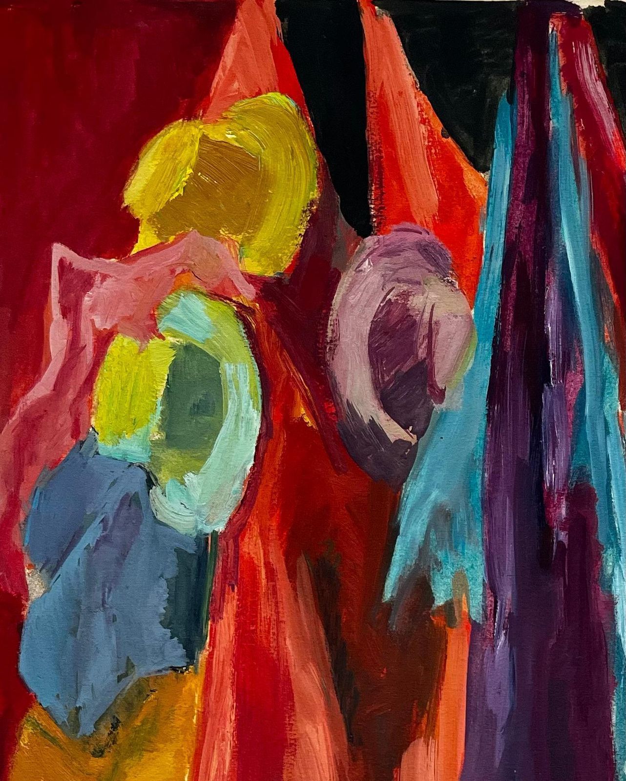 Guy Nicod Colourful Draped Fabrics Hanging Hats And Red Flower Pot Modernist Still Life photo for sale