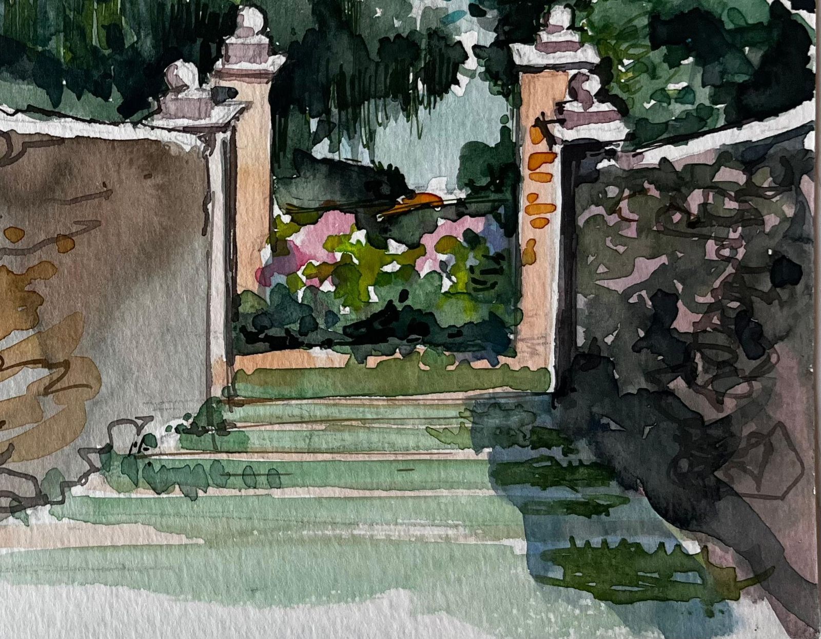 Pierre Neveugarden Gate Stone Walls Trees Lush Landscape And River View Watercolor photo Art