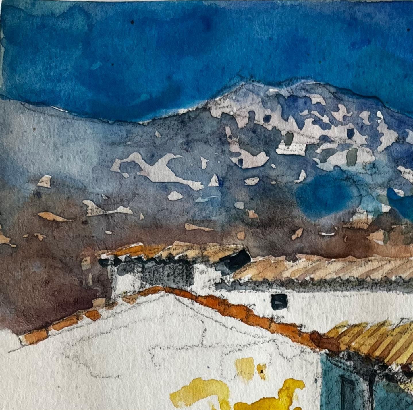 Pierre Neveumediterranean Village Houses Terracotta Roofs Mountain View Watercolor photo for sale