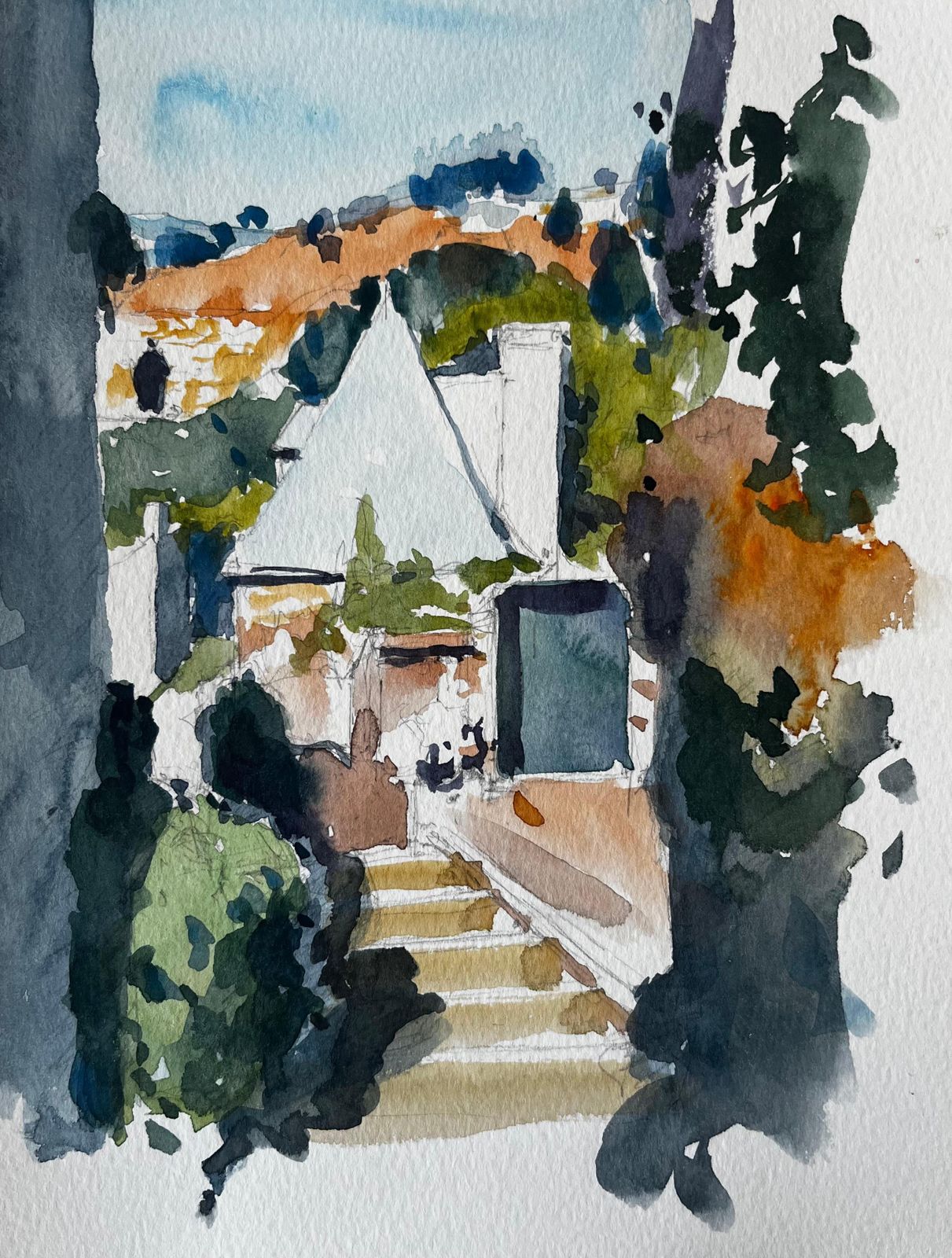 Pierre Neveufrench Village House Steps Garden Path And Hillside Landscape Watercolor