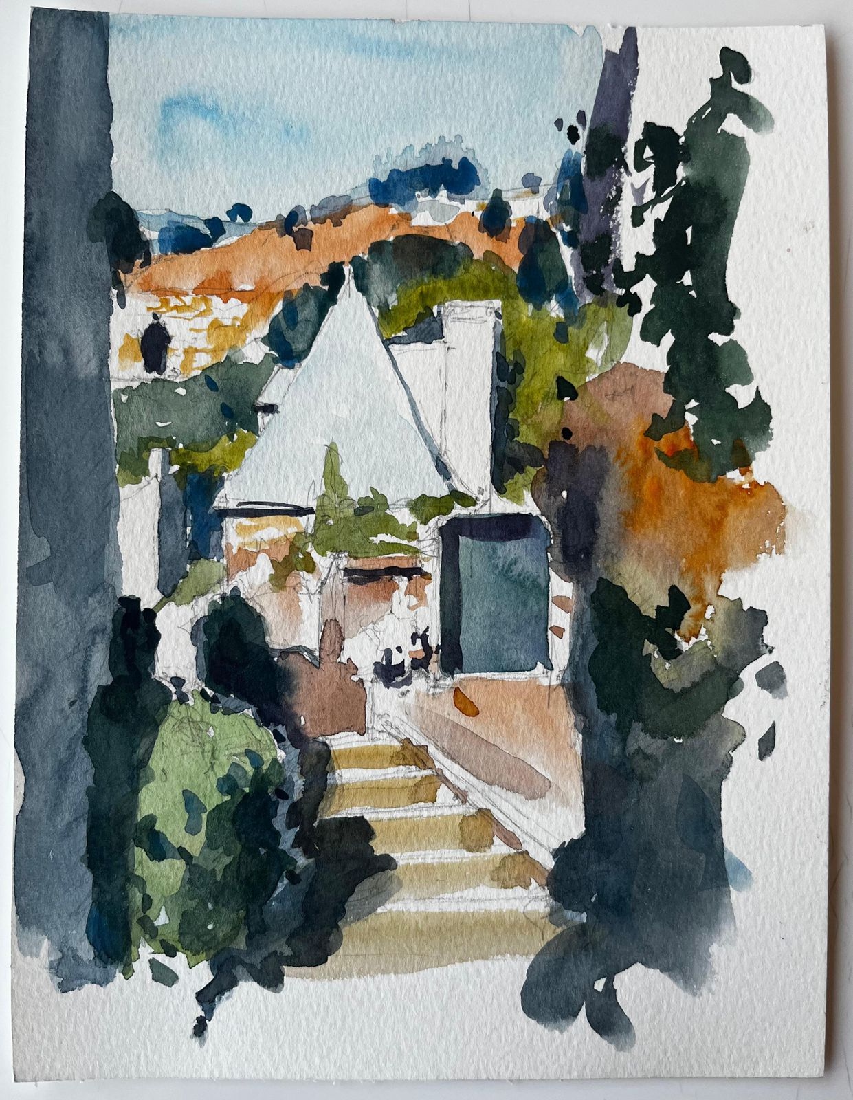 Pierre Neveufrench Village House Steps Garden Path And Hillside Landscape Watercolor photo furniture