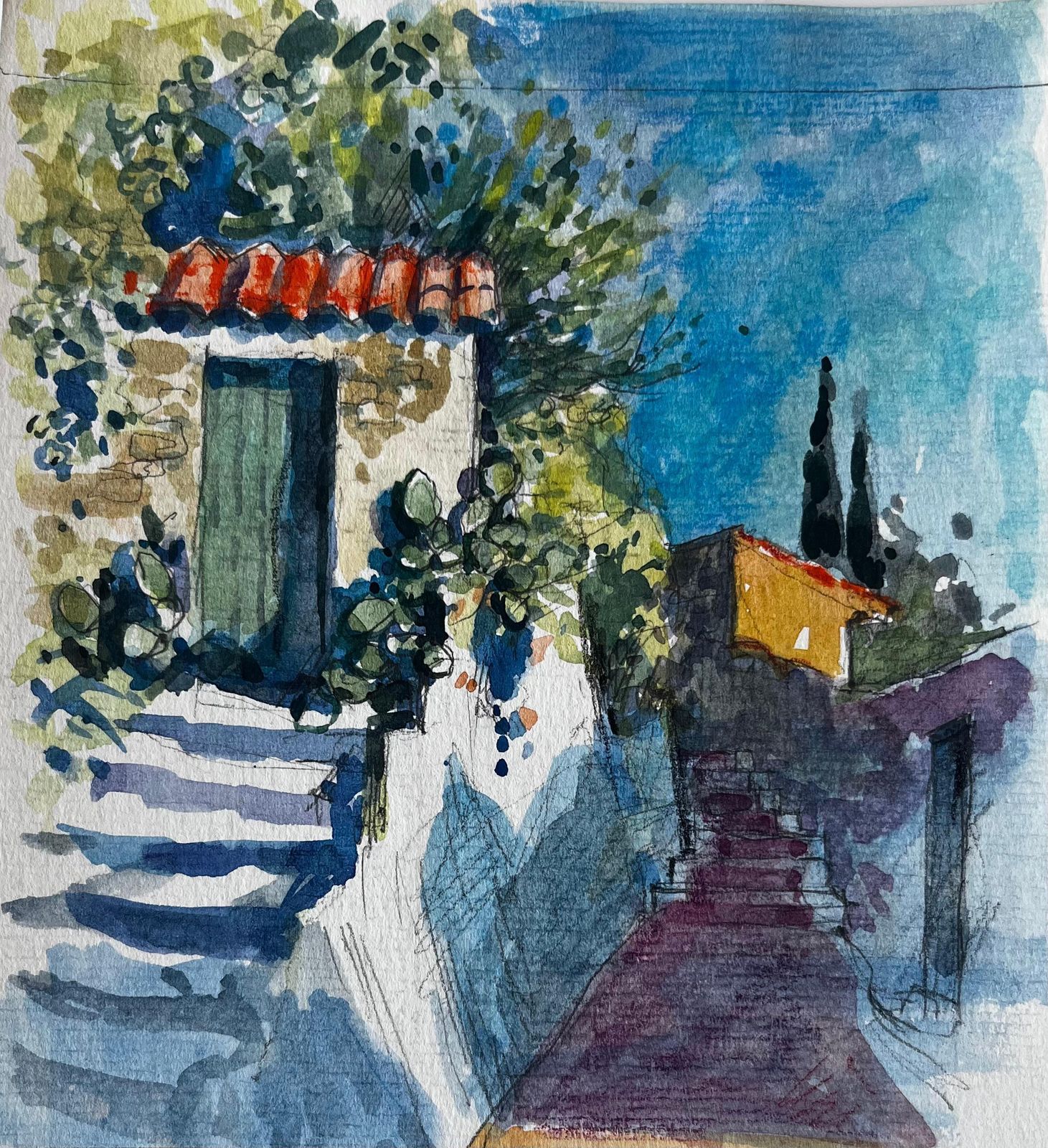 Pierre Neveumenton Mediterranean Stone House Steps Sunlit Garden Terracotta Roof Watercolor