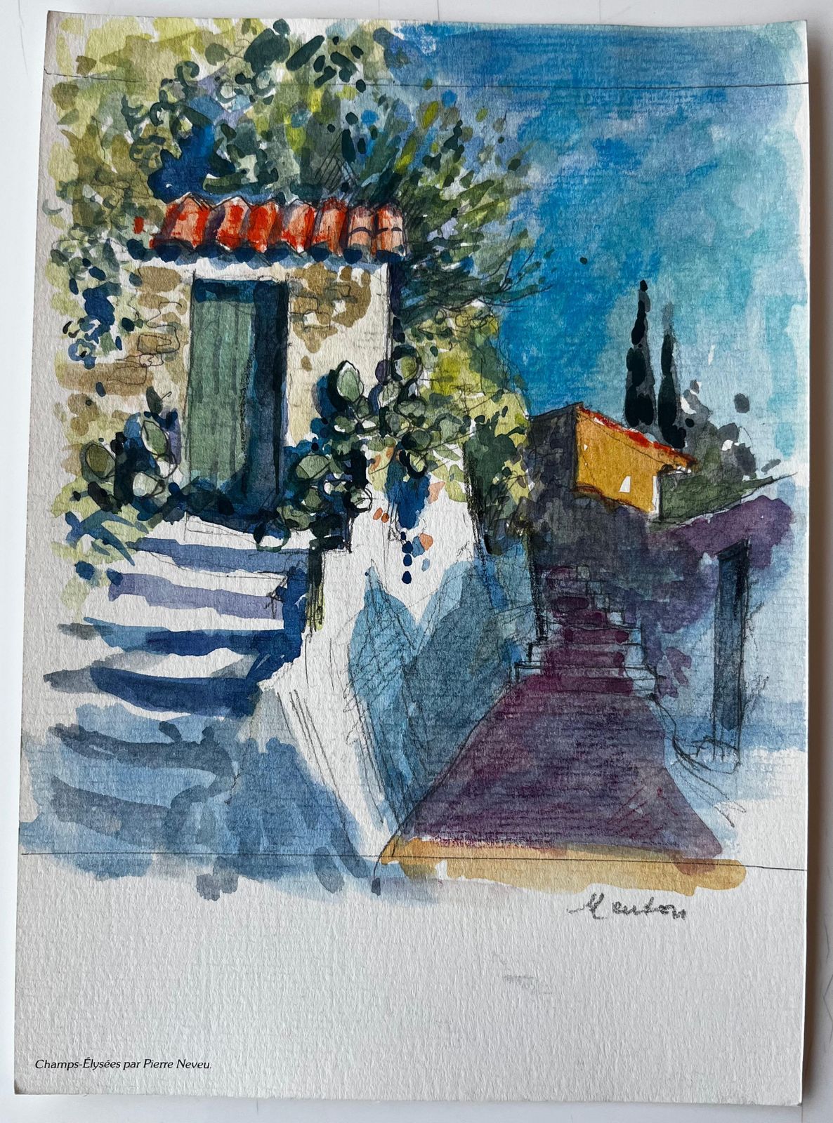 Pierre Neveumenton Mediterranean Stone House Steps Sunlit Garden Terracotta Roof Watercolor photo furniture