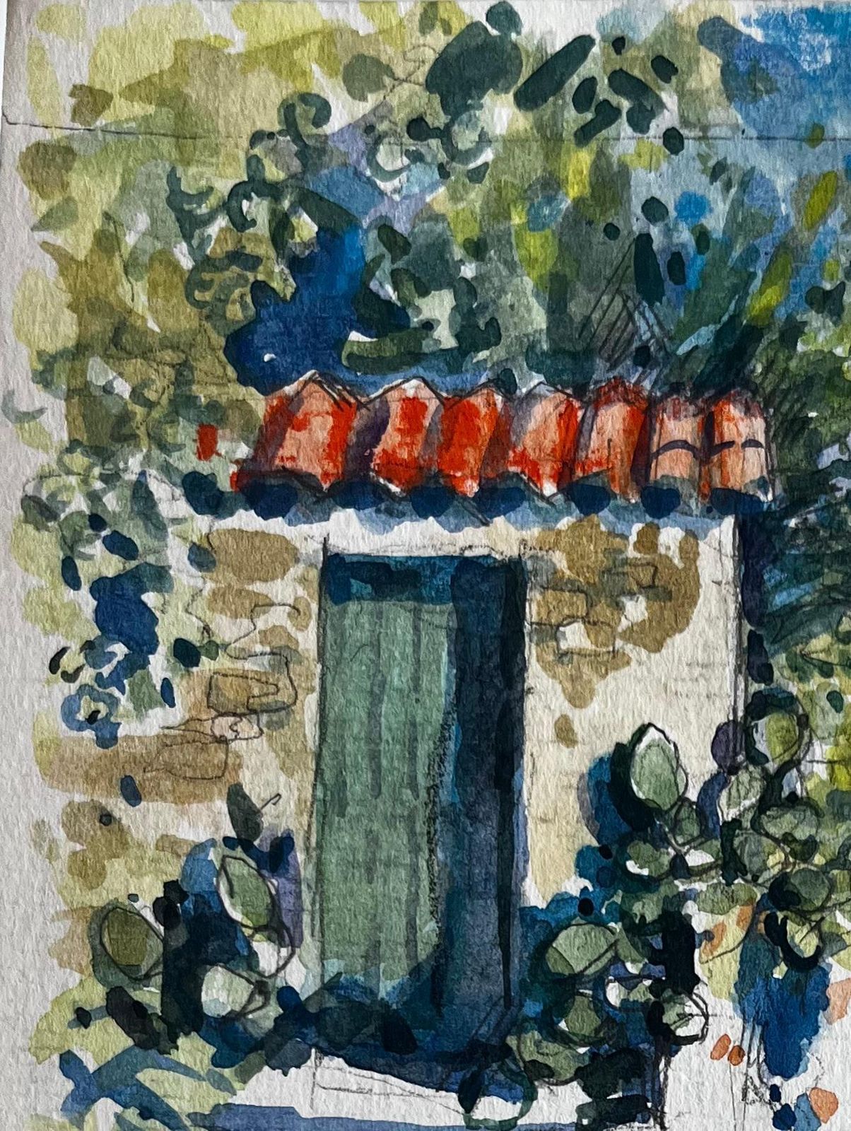 Pierre Neveumenton Mediterranean Stone House Steps Sunlit Garden Terracotta Roof Watercolor photo for sale