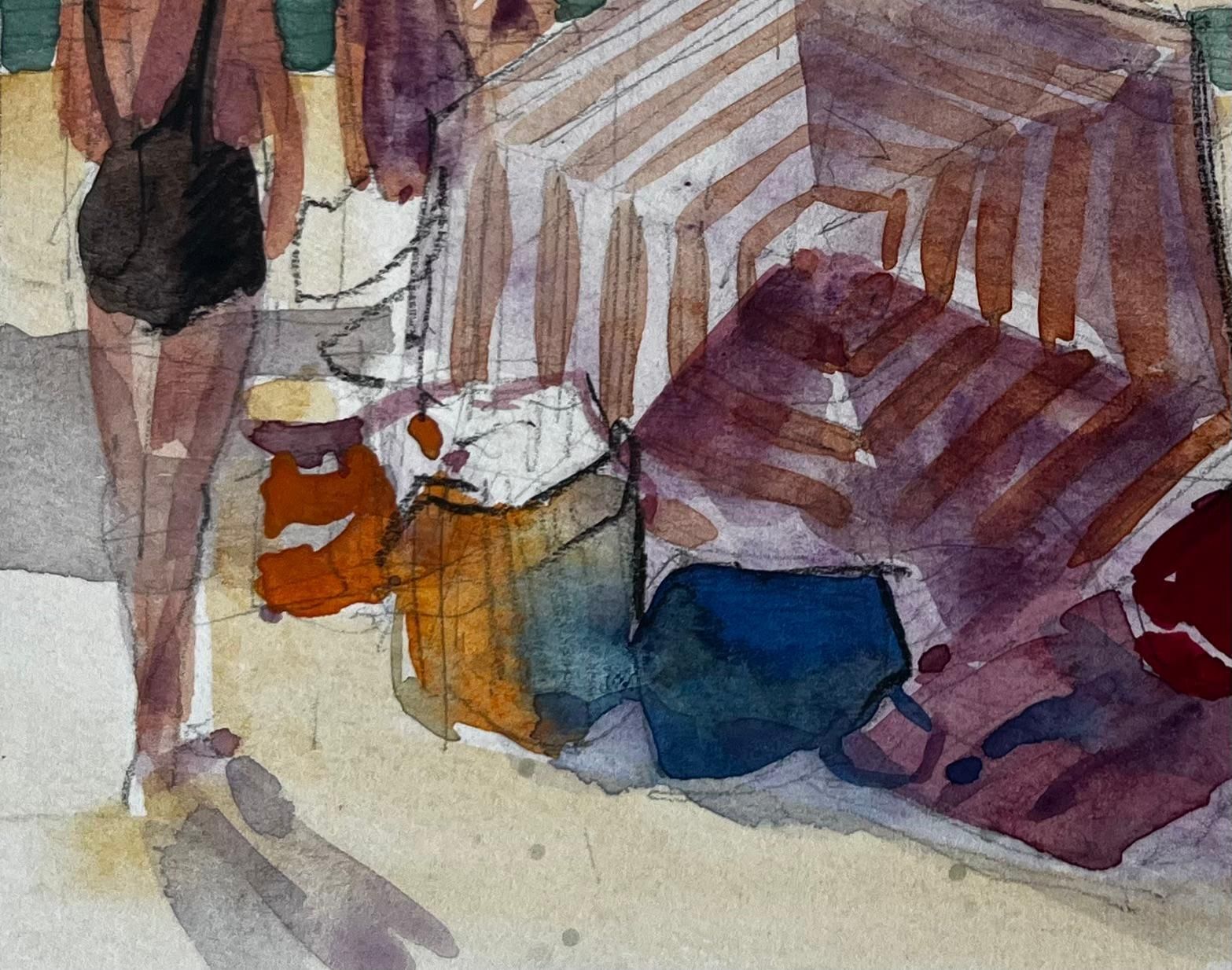 Pierre Neveubeach Scene Bathers Striped Tent Sunlit Shore And Figures Watercolor photo 346.0