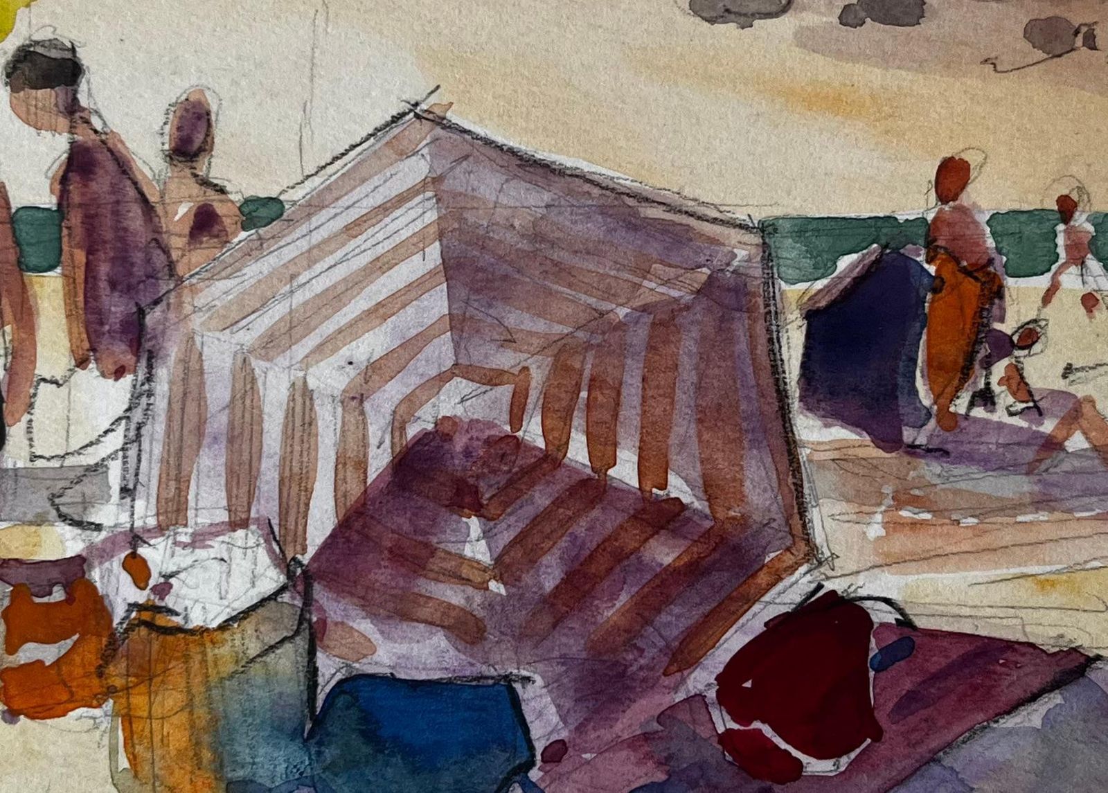 Pierre Neveubeach Scene Bathers Striped Tent Sunlit Shore And Figures Watercolor photo buy
