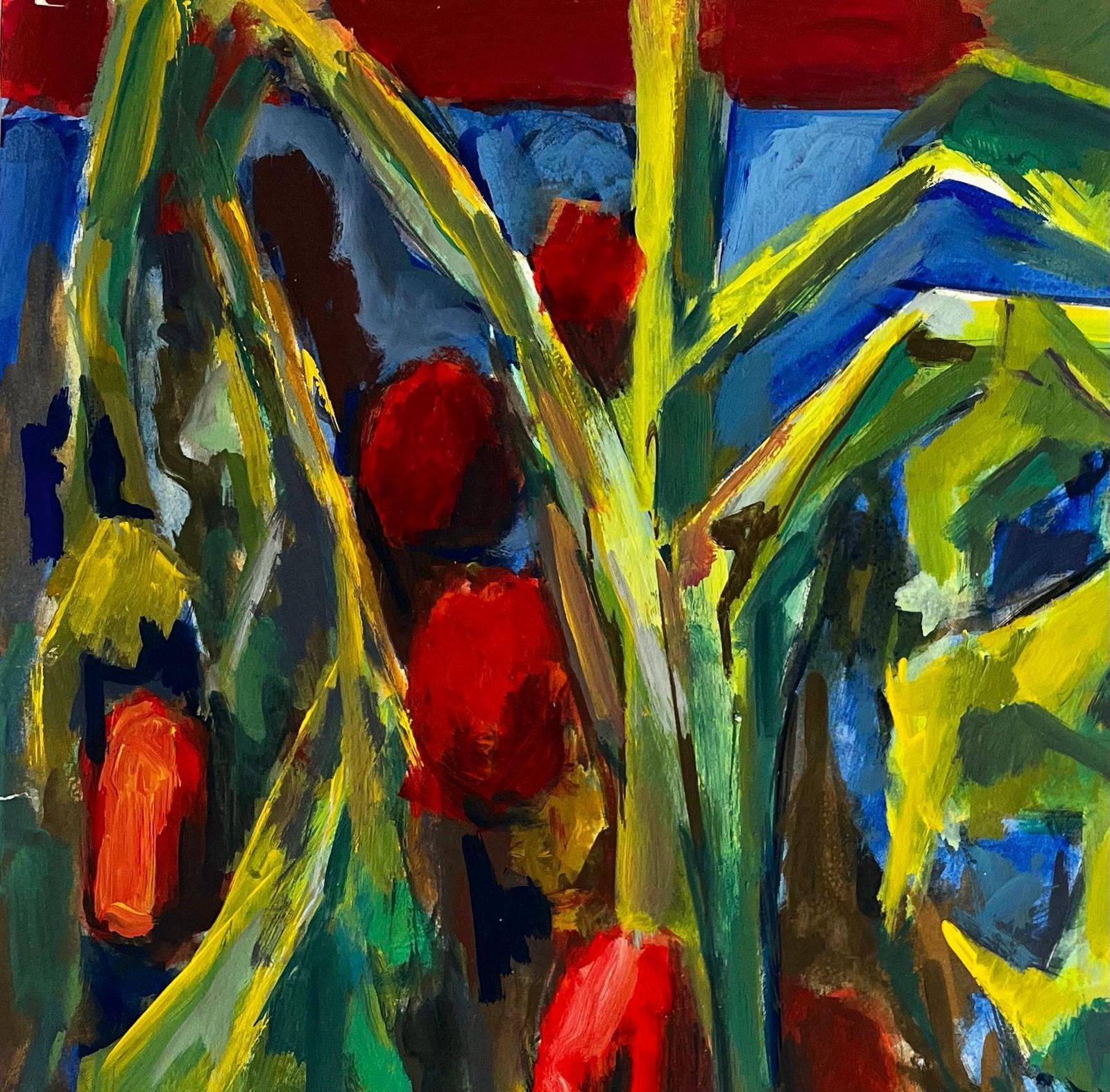 Guy Nicodabstract Red Fruit And Green Foliage Large French Modernist Still Life Painting photo for sale