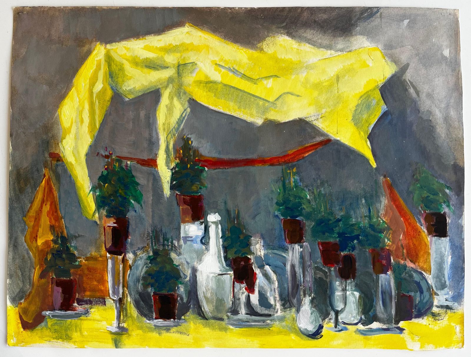 Guy Nicodyellow Draped Cloth Bottles Glassware And Potted Plants Modernist Still Life photo furniture
