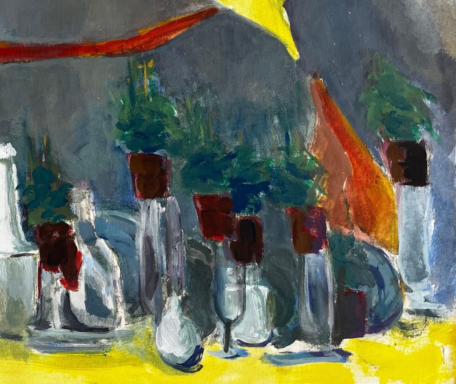 Guy Nicodyellow Draped Cloth Bottles Glassware And Potted Plants Modernist Still Life photo for sale
