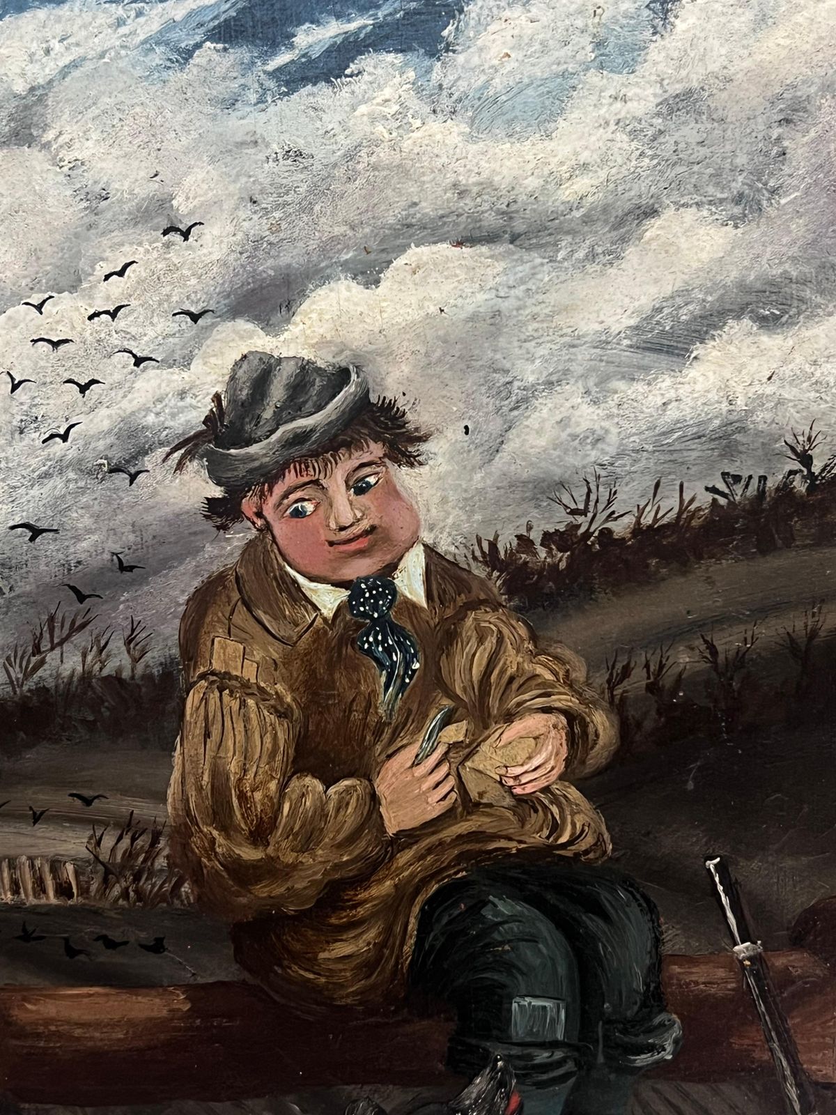 English School (19th Century)19th Century English Naive Folk Art Portrait Farm Boy & Dog Having Picnic Lunch photo for sale