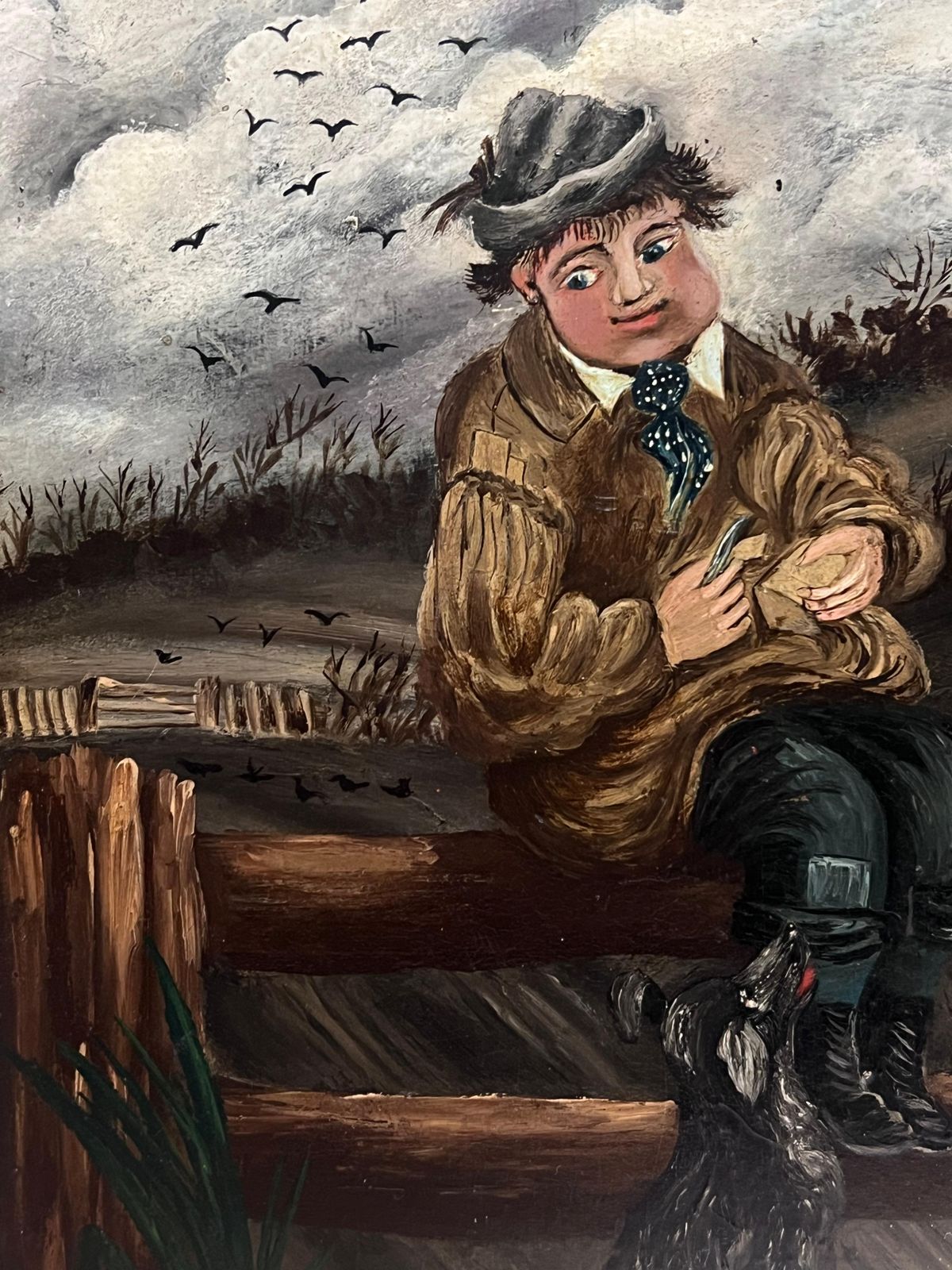 English School (19th Century)19th Century English Naive Folk Art Portrait Farm Boy & Dog Having Picnic Lunch photo 753.0