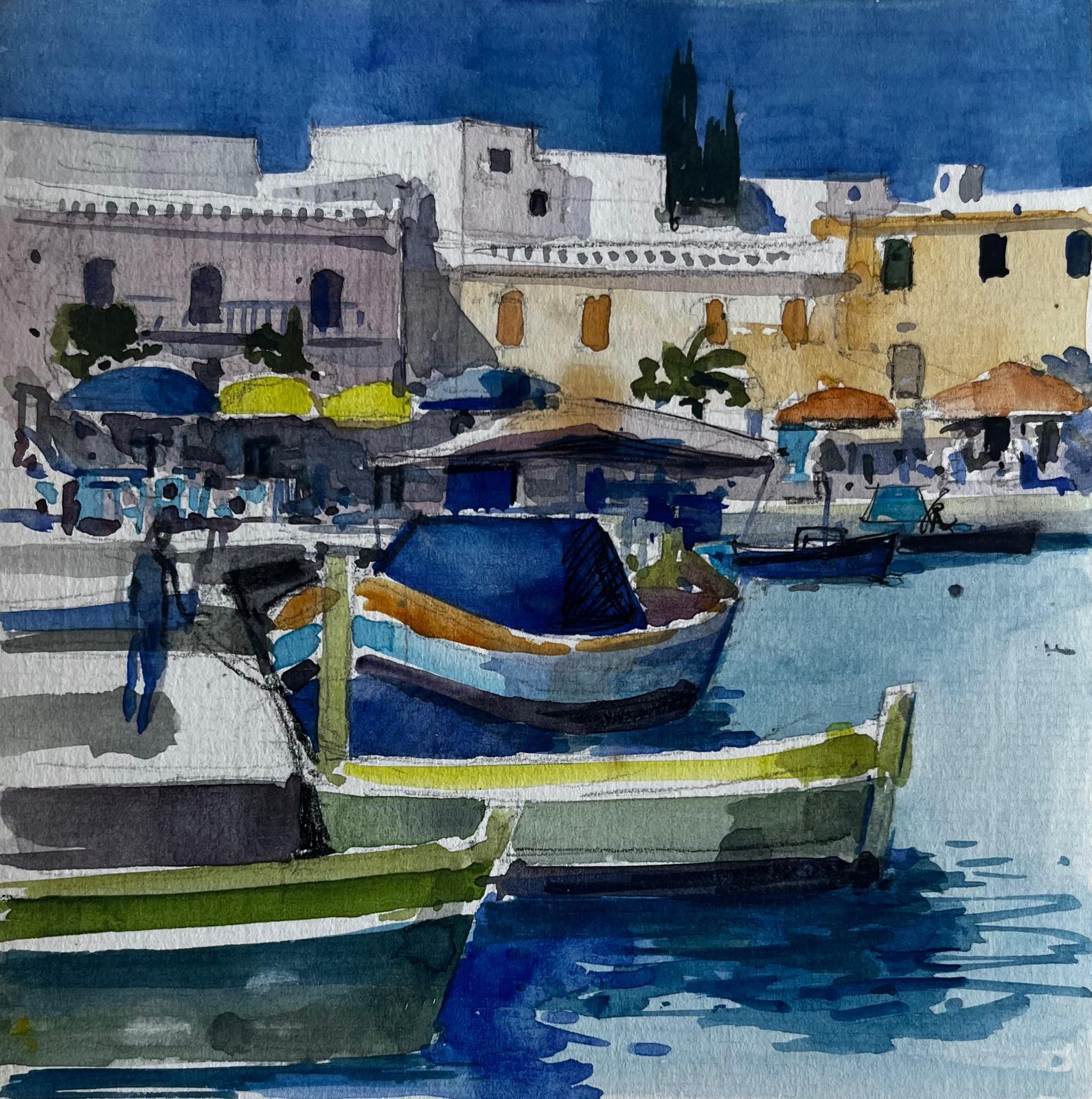Pierre Neveumediterranean Fishing Boats Coastal Harbour Scene Watercolour By Pierre Neveu